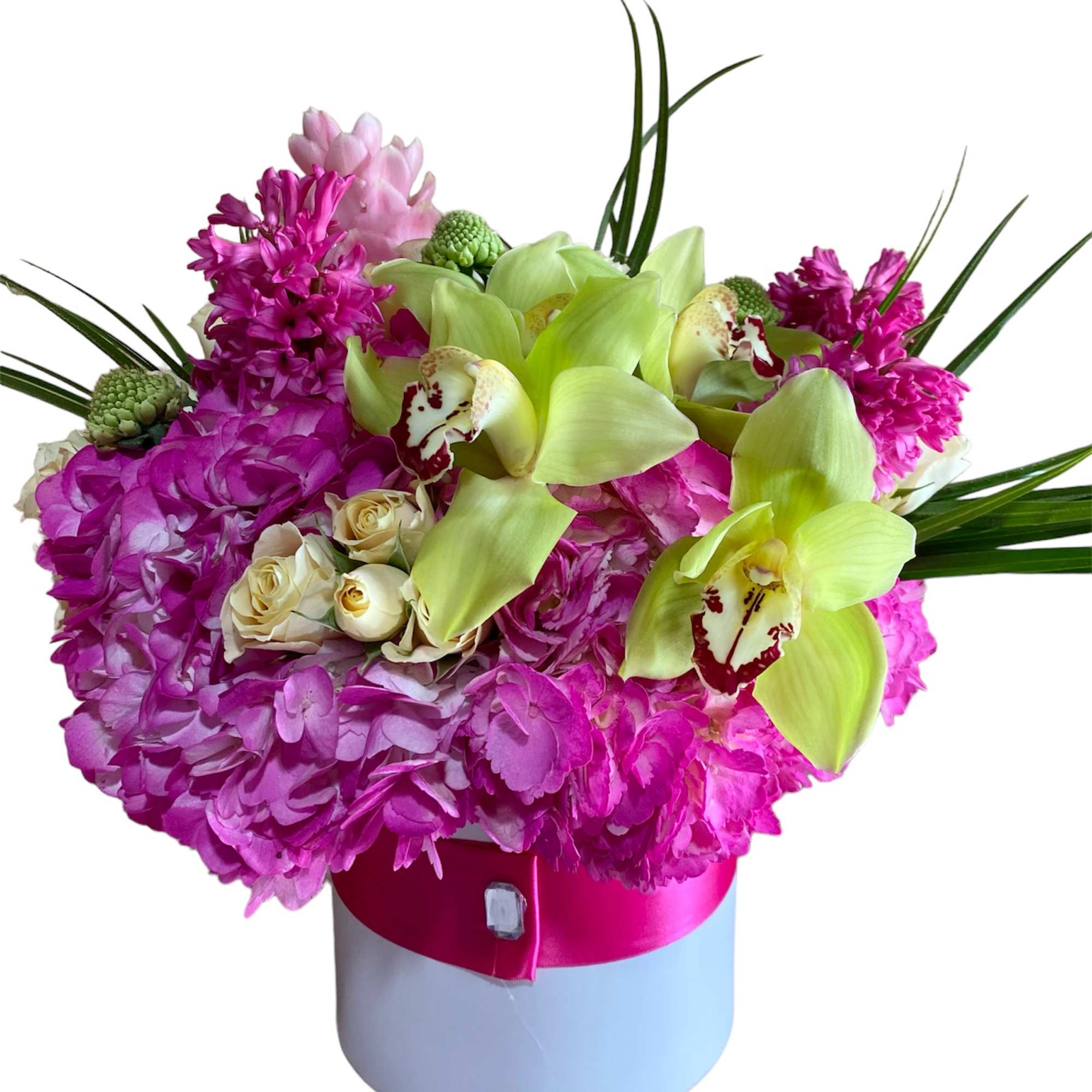 Pink hydrangeas, green orchids, and cream roses arranged in a white hatbox with a pink band