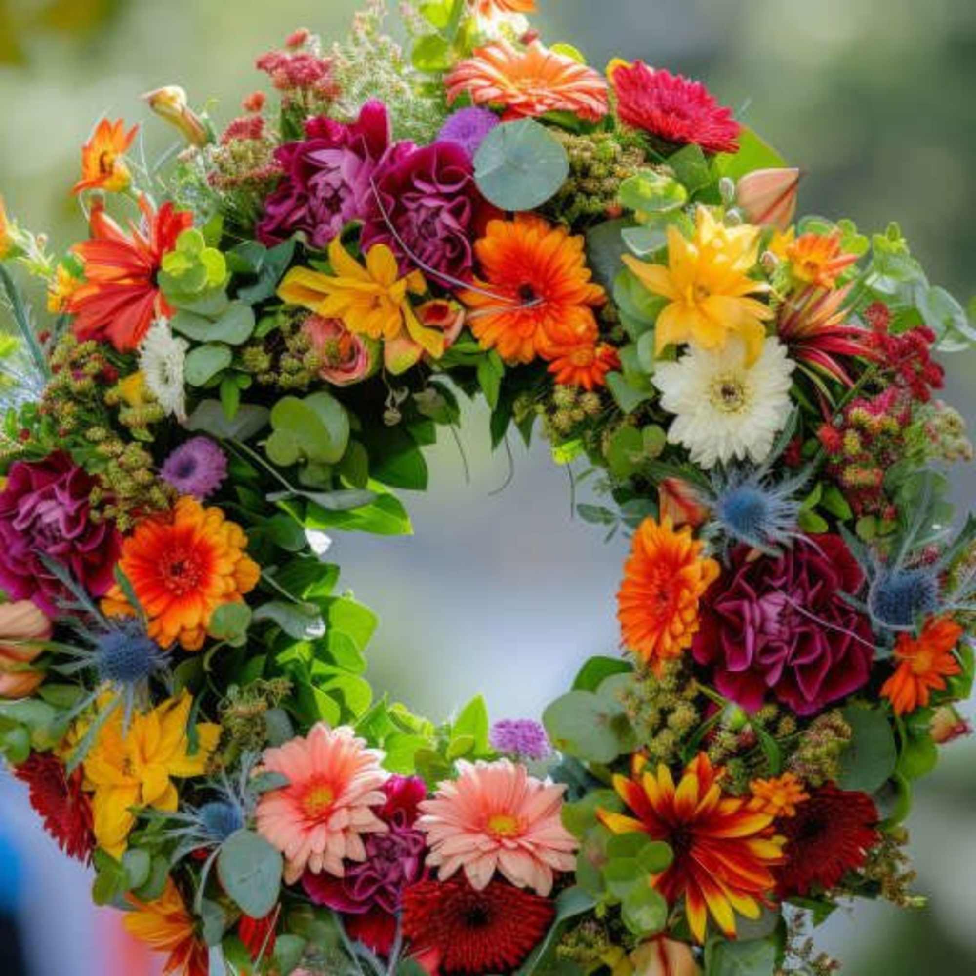 Vibrant circular wreath of mixed colorful flowers in orange, yellow, pink, red, and purple tones