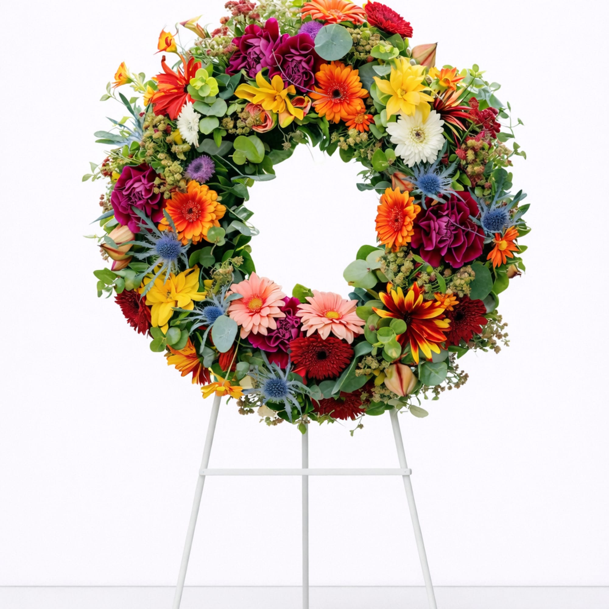 Bright multicolor floral wreath displayed on a white metal stand
