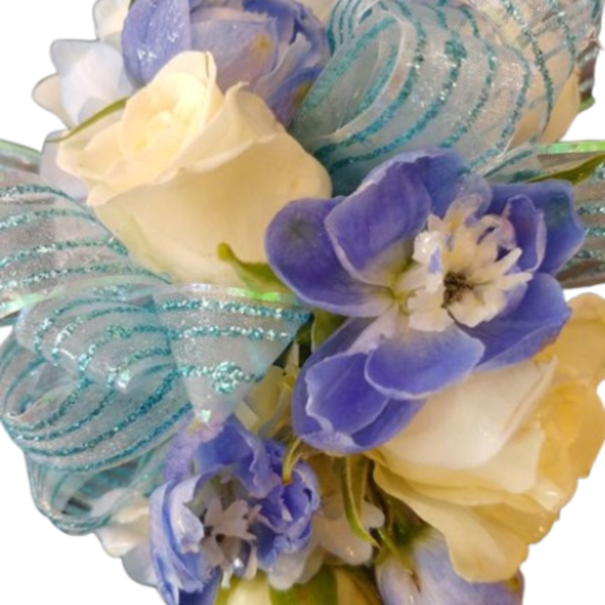 Small blue and white flower corsage with glittery blue ribbon loops