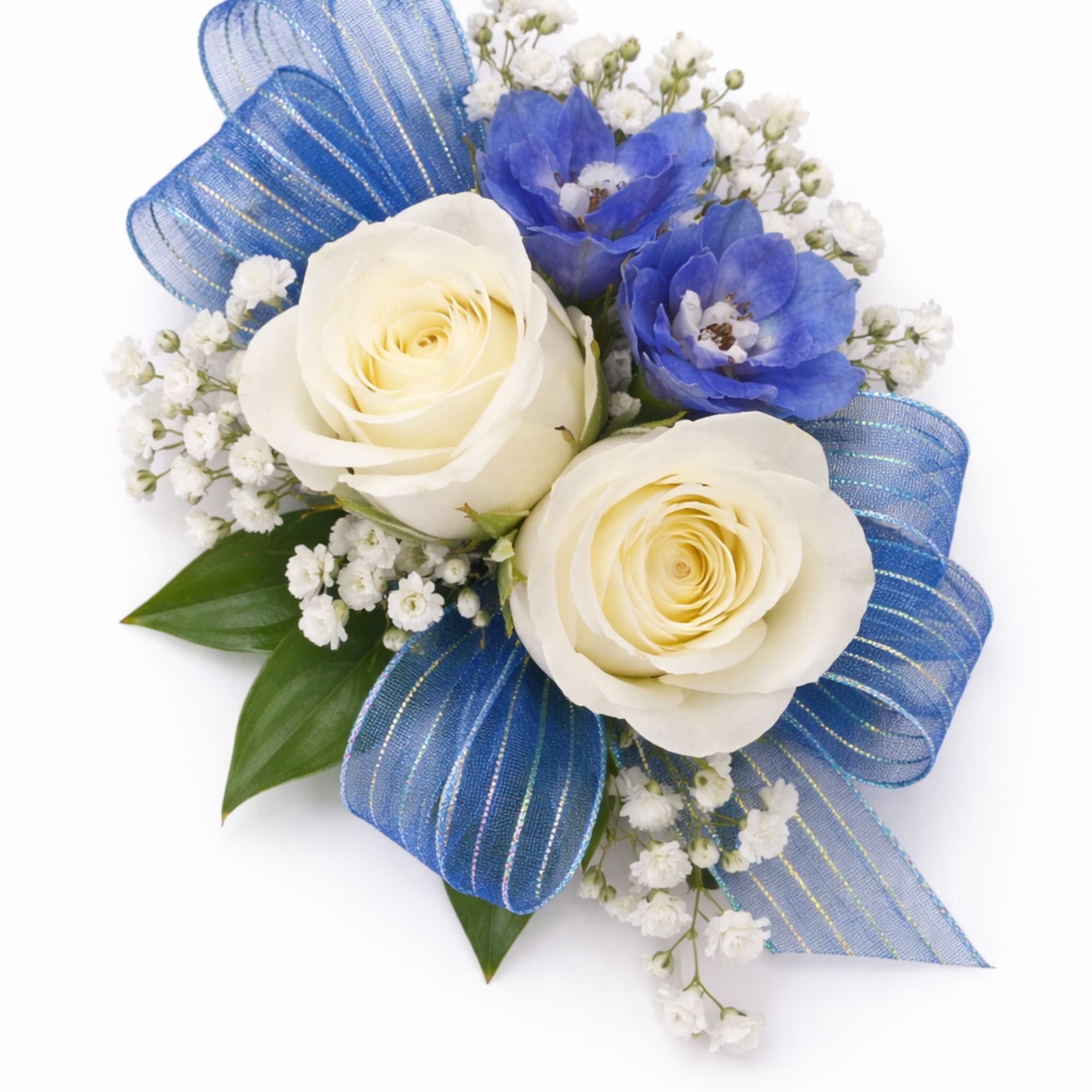 White rose and blue flower corsage with baby's breath and blue ribbon