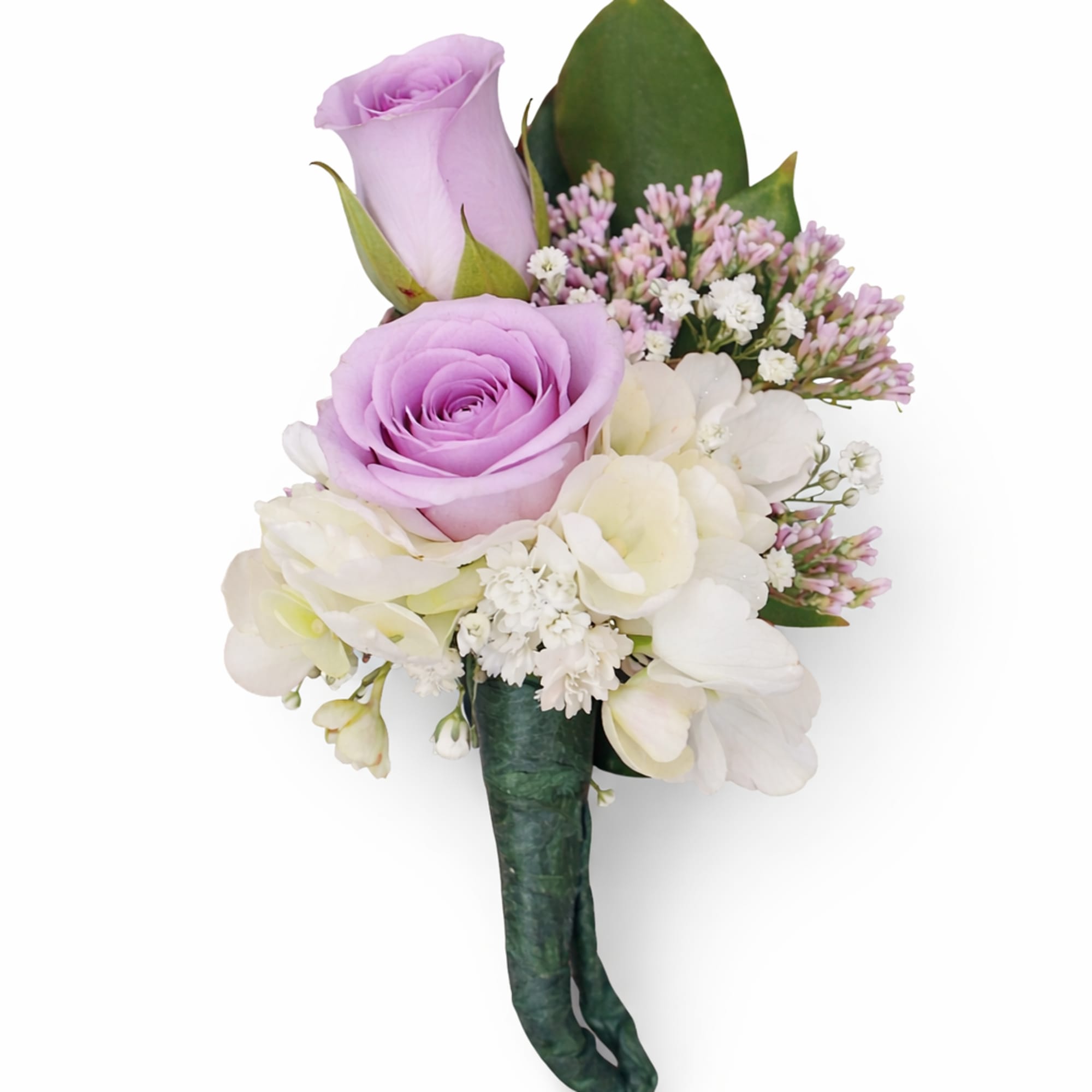 Lavender rose boutonniere with white blooms and pink accents wrapped in green floral tape.