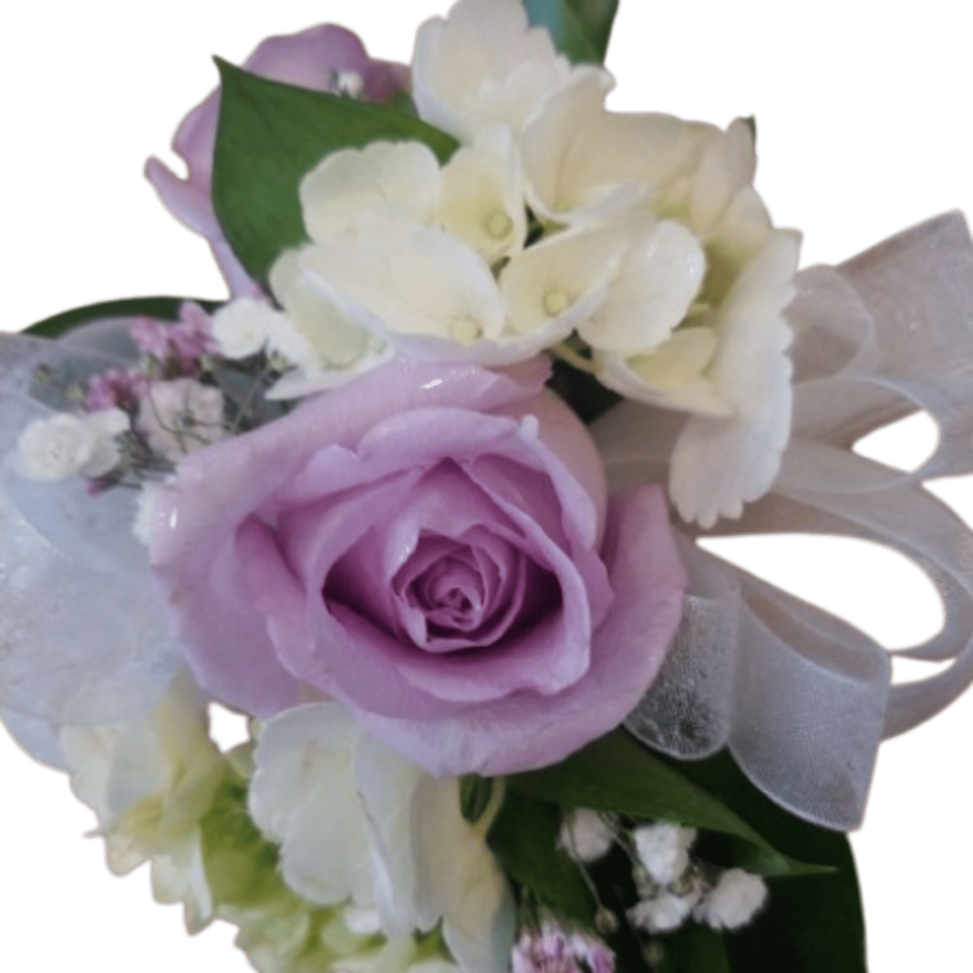 Small corsage with a lavender rose, white hydrangea blooms, baby's breath, and a white ribbon bow