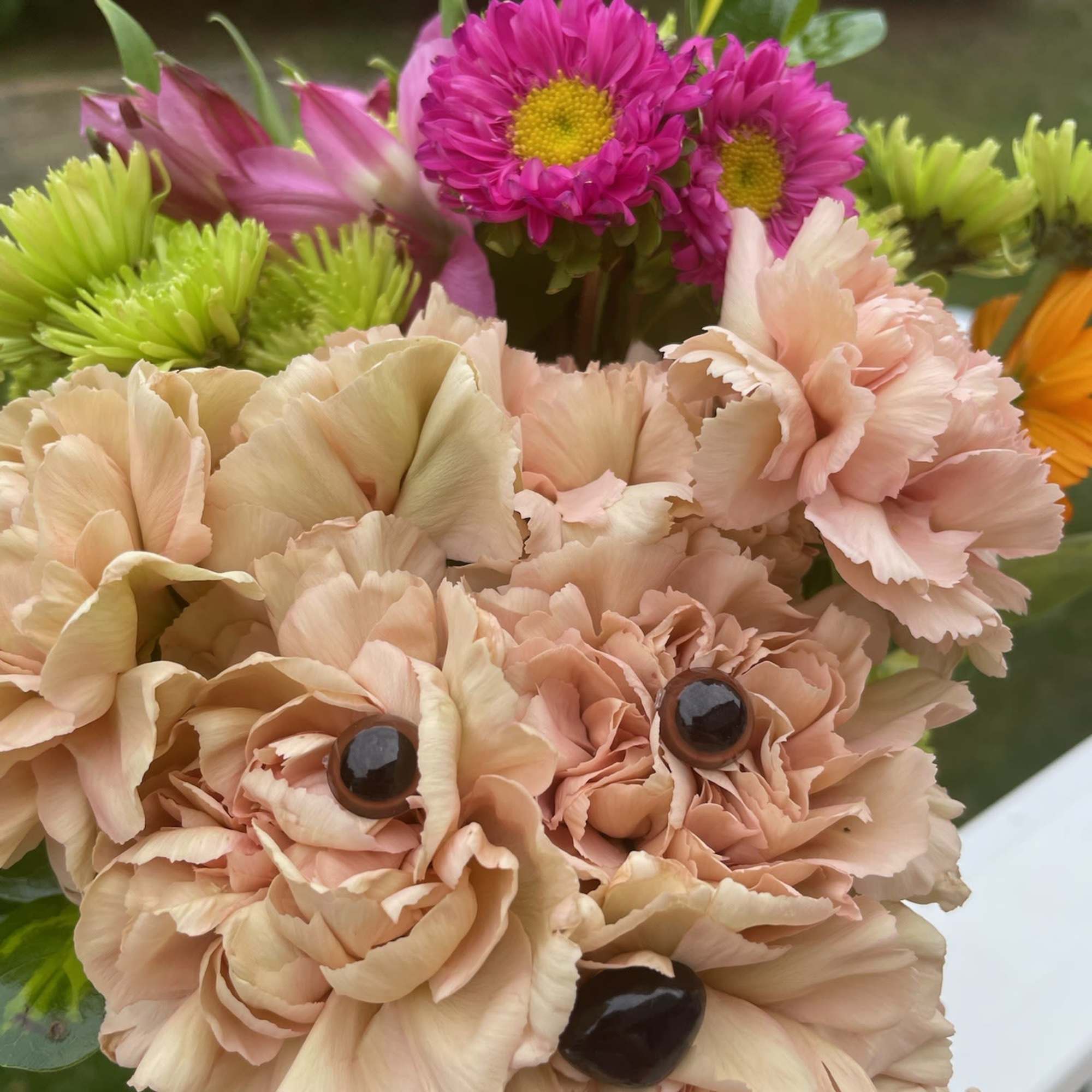 Peach carnation arrangement shaped like a puppy face with bright pink and green accent flowers.