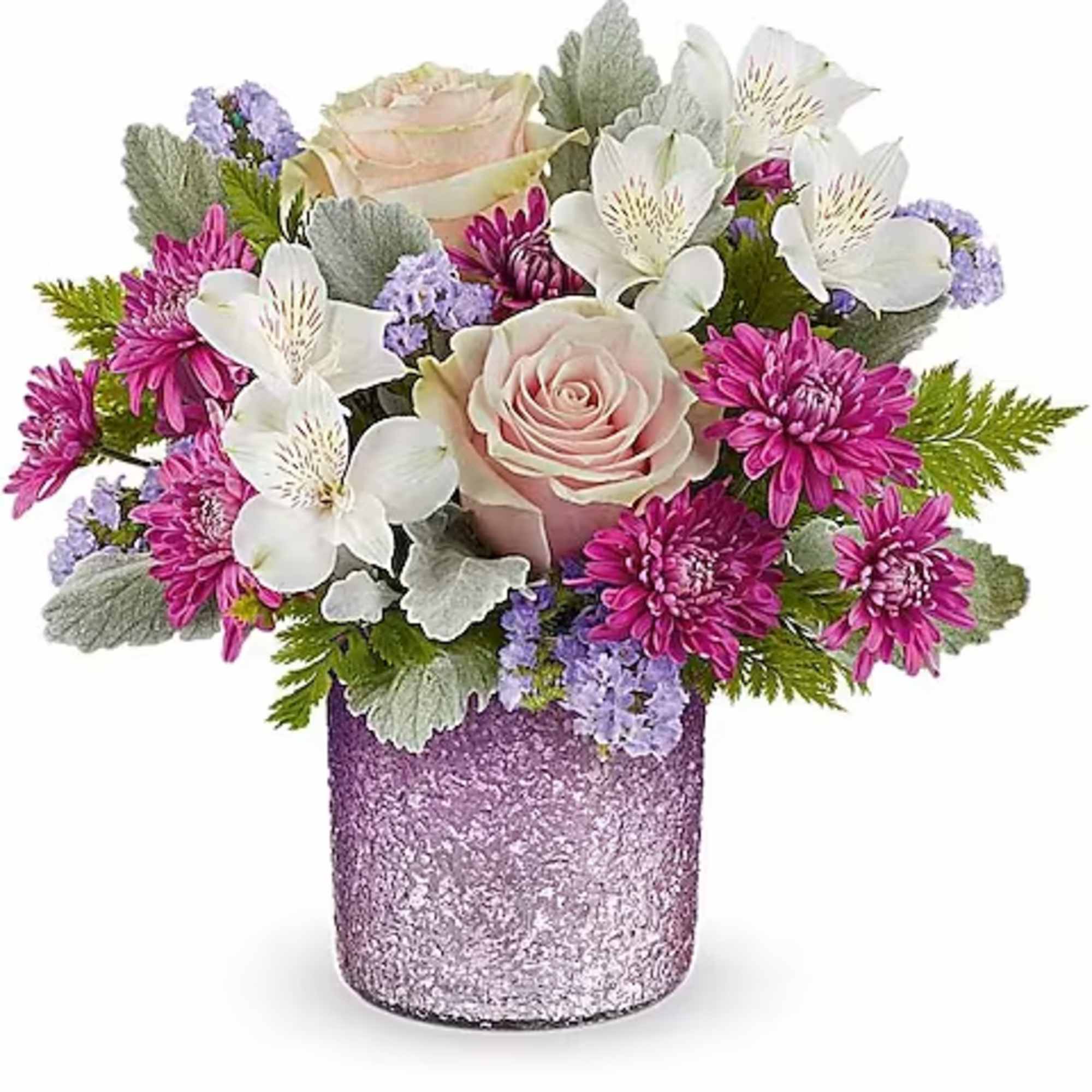 Short arrangement of pink roses, white alstroemeria and purple mums in a textured lavender glass vase