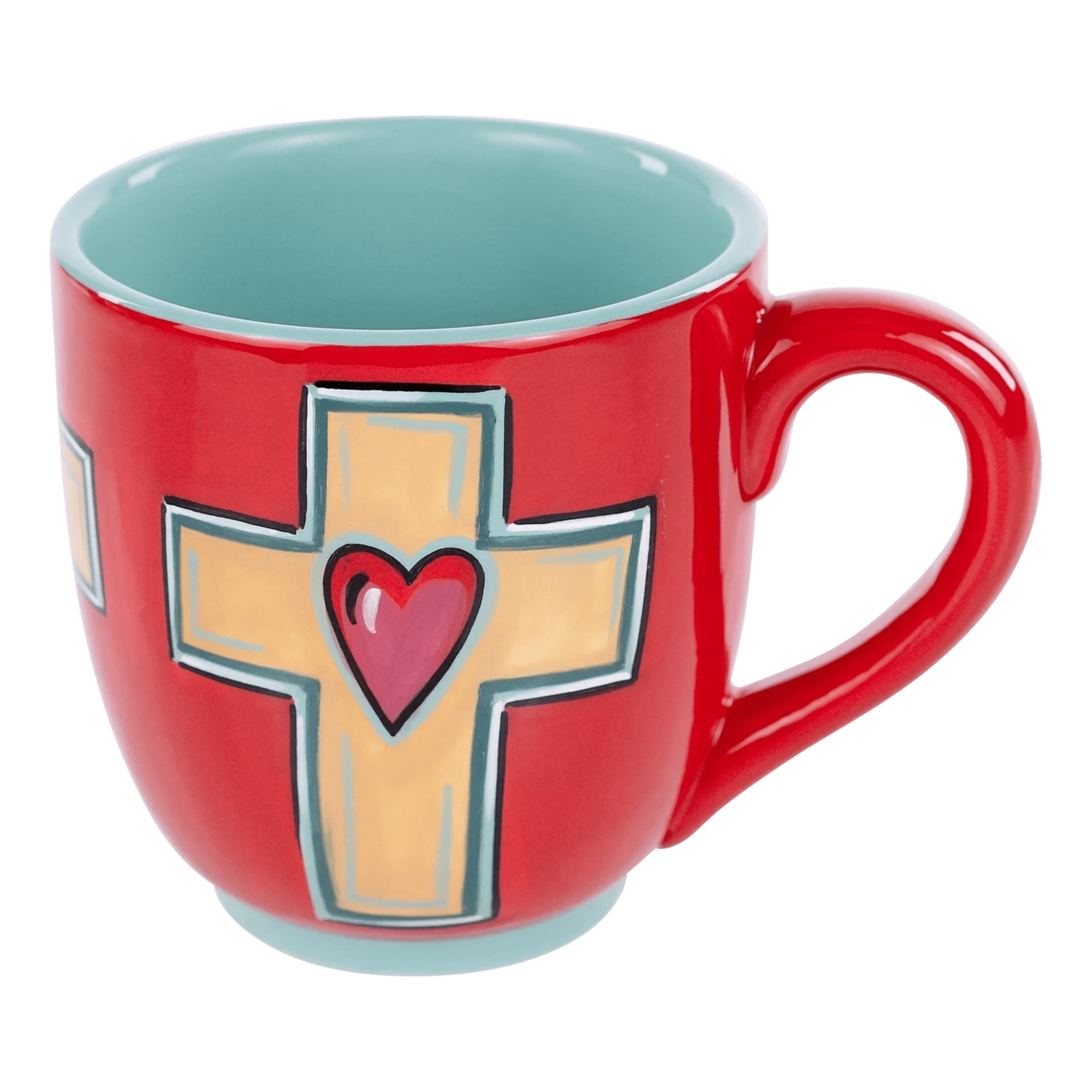 Red ceramic mug with a cross and heart design