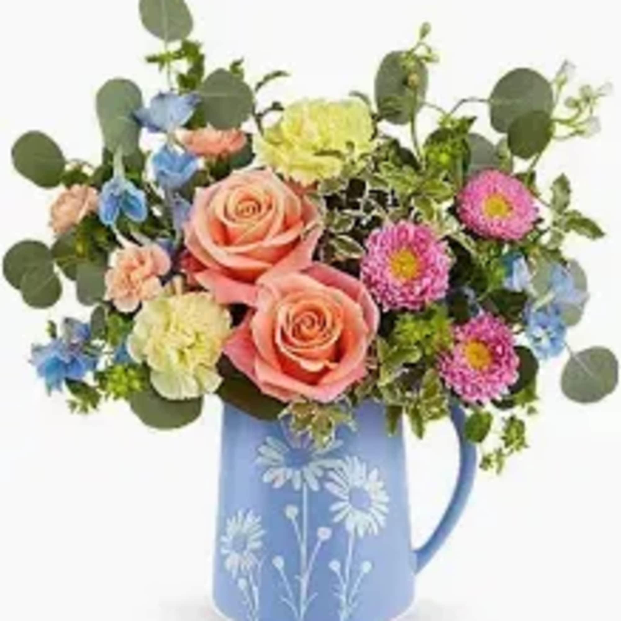 BEAUTIFUL BLUE PITCHER COVERED WITH DAISIES AND PERFECT ADDITION TO YOUR SPRING