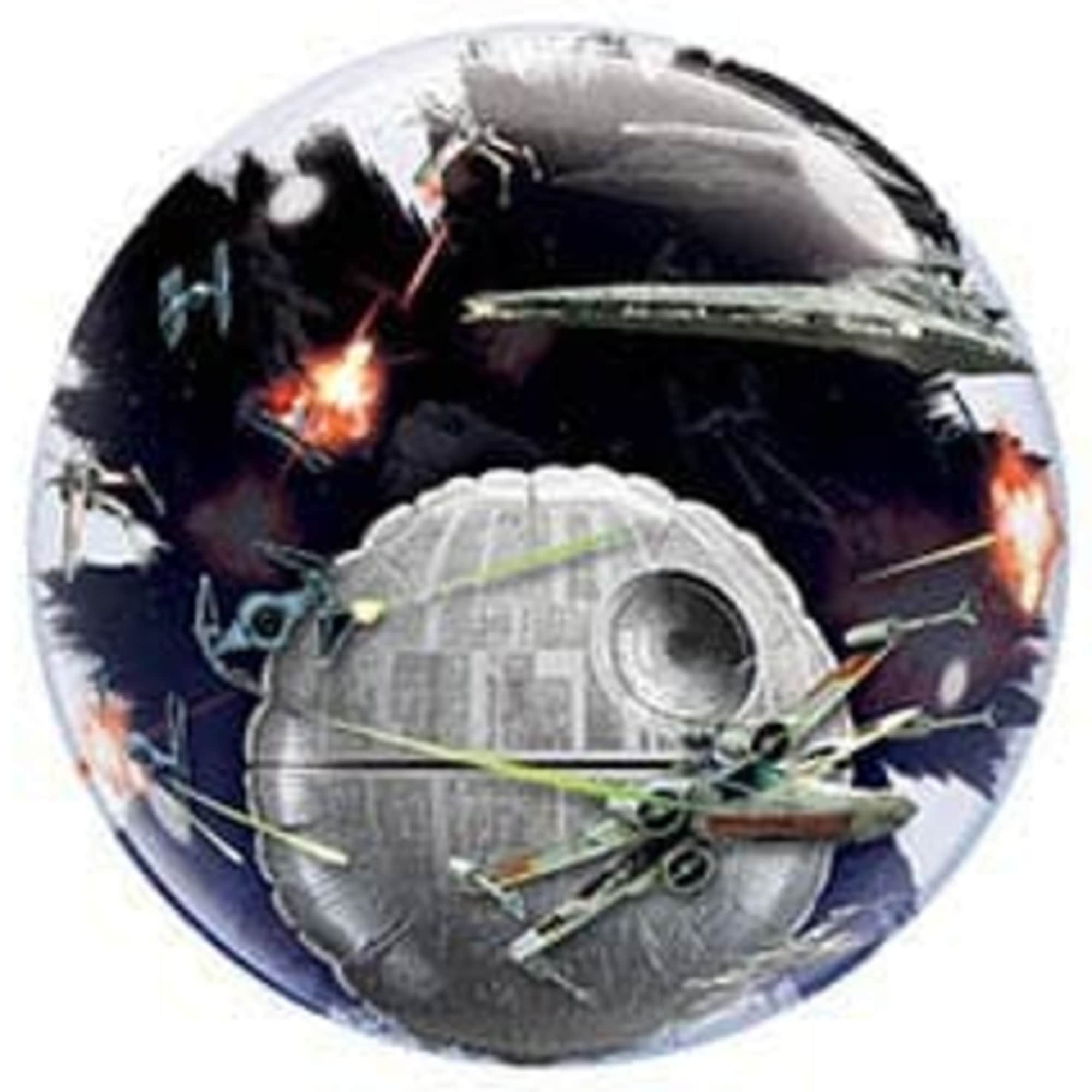 Round foil balloon with a space battle scene featuring a large gray space station and starships firing lasers