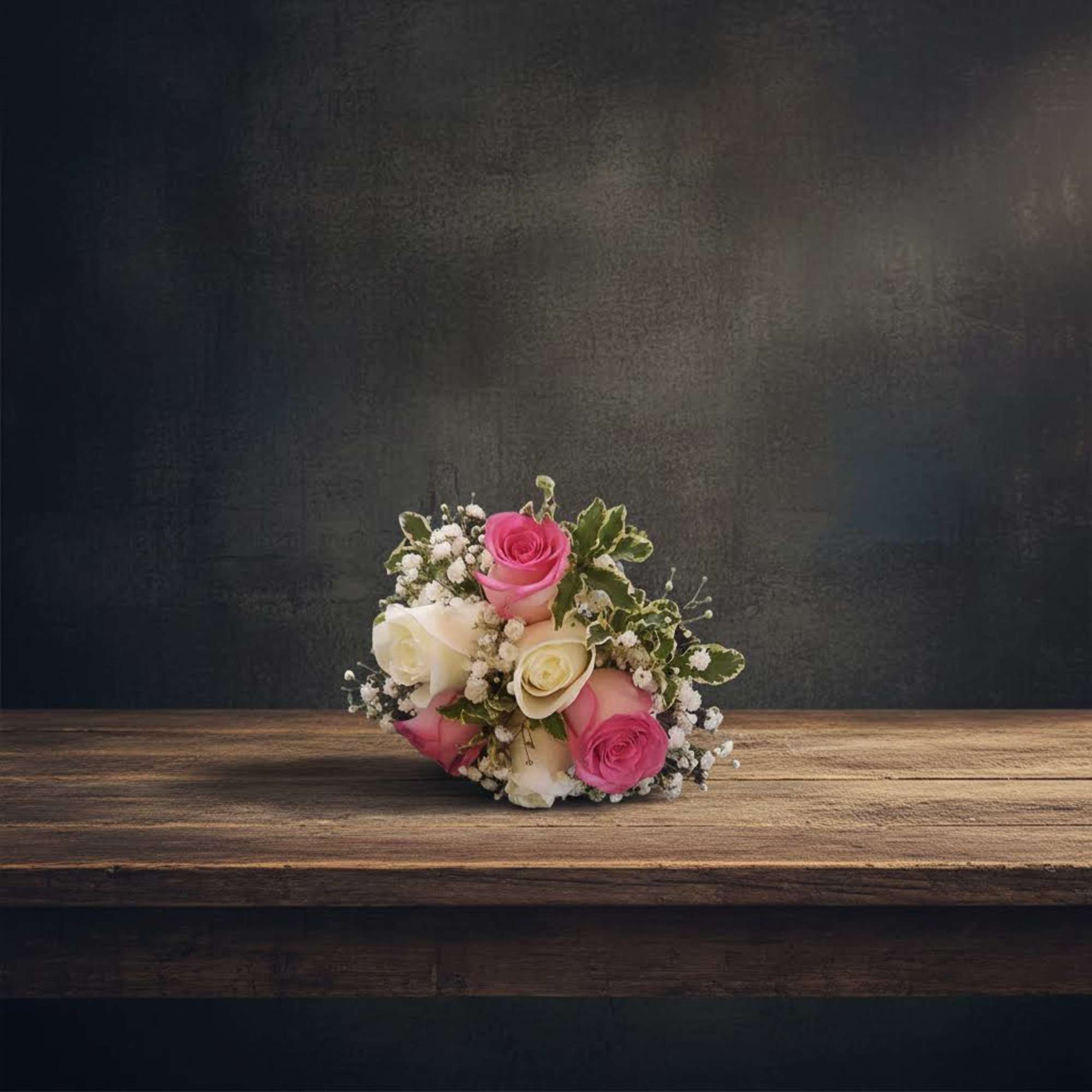 Small bouquet of pink and white roses with baby's breath