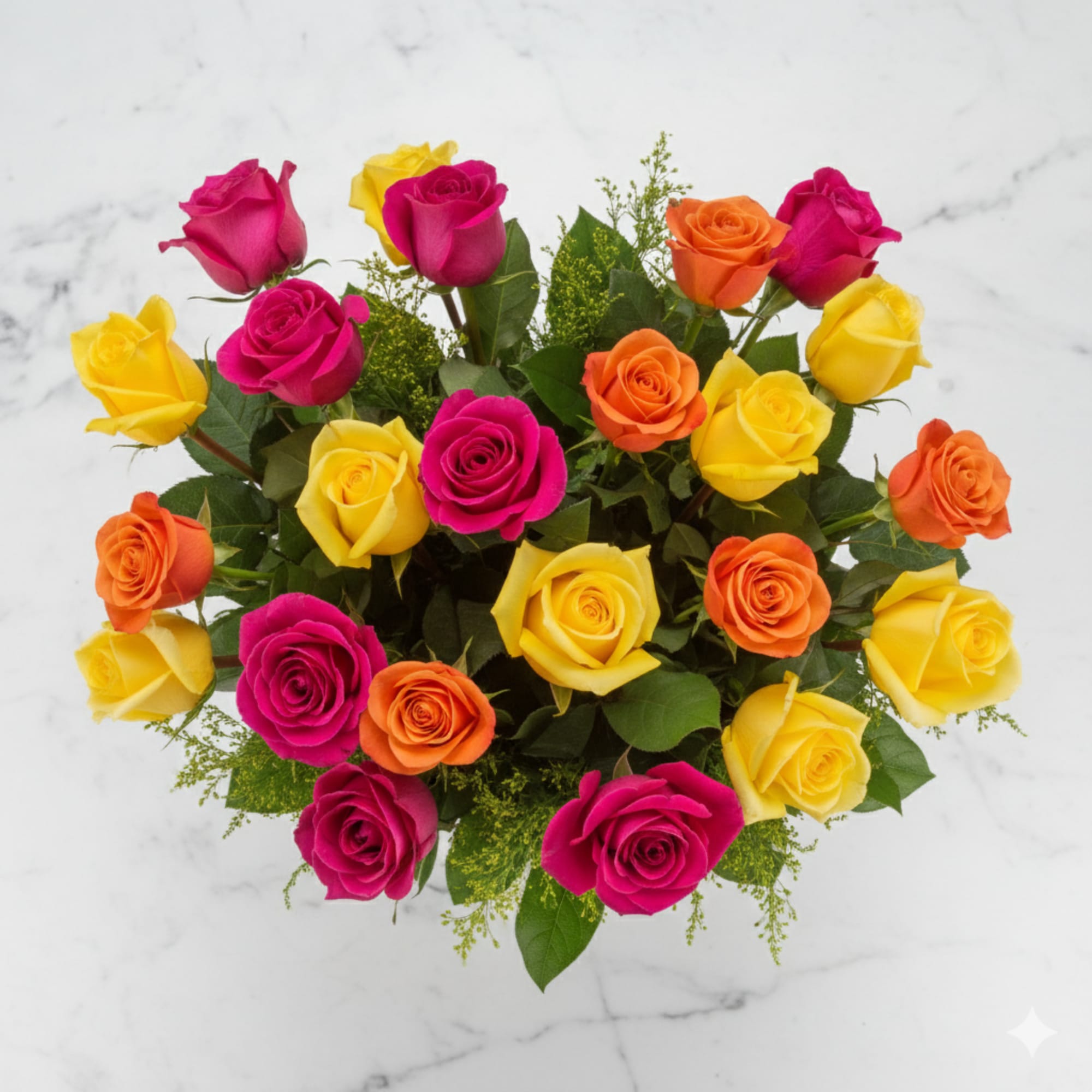 Top view of a bouquet of yellow, pink, and orange roses in a tight round arrangement