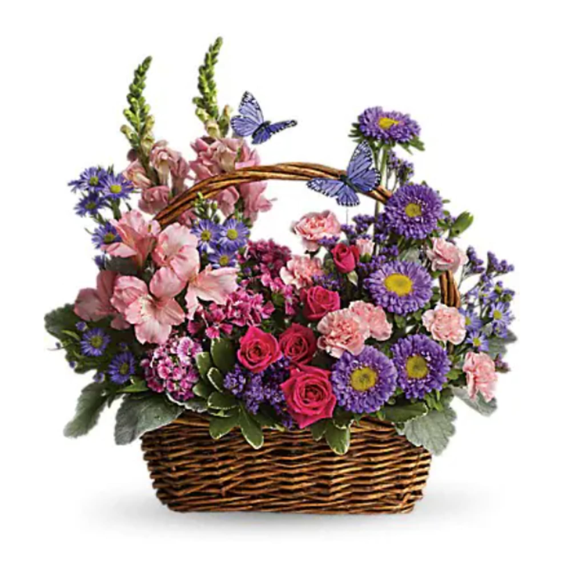 Basket arrangement of pink roses and carnations with purple asters and faux butterflies