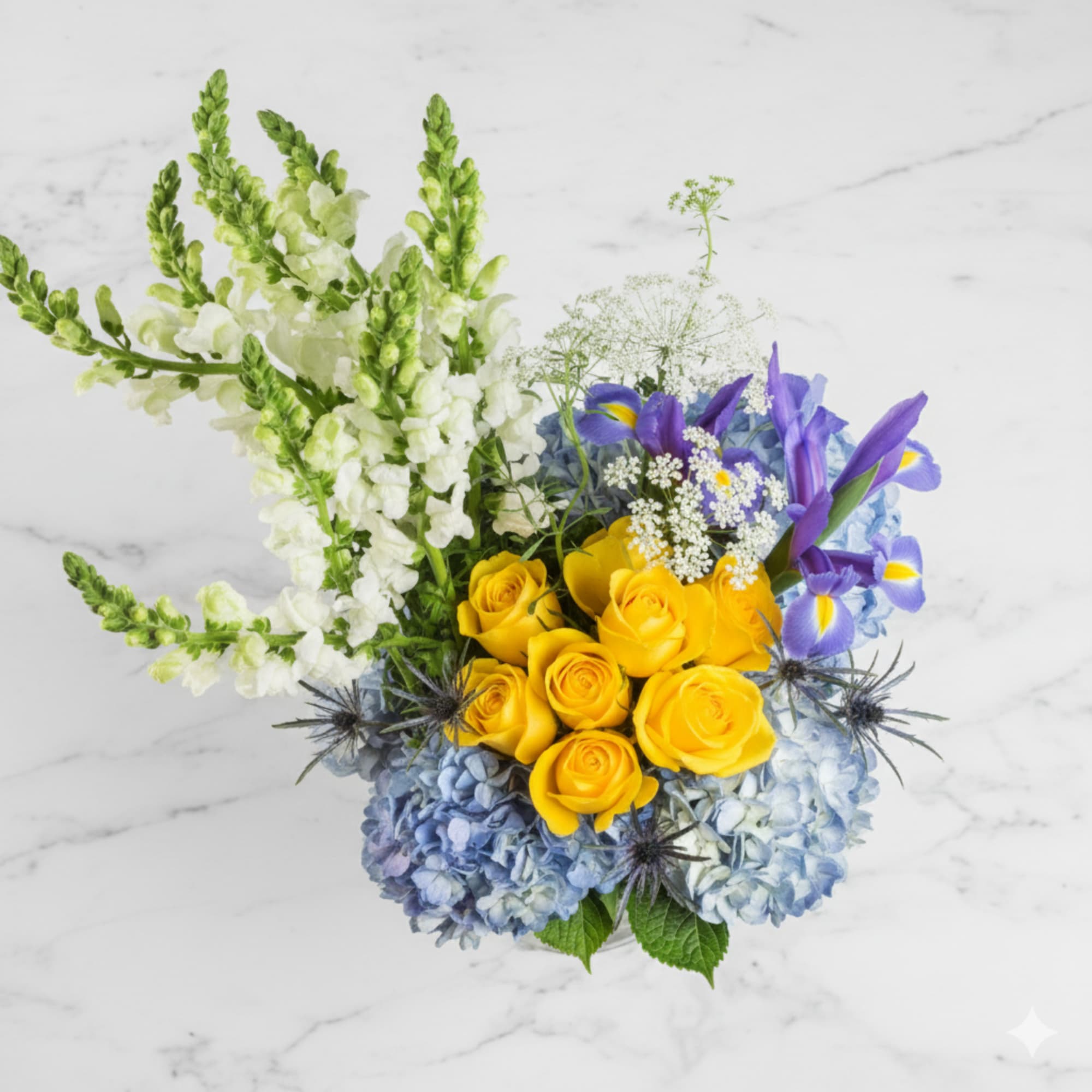 Compact arrangement with yellow roses, blue hydrangeas, white snapdragons, and purple iris in a low design