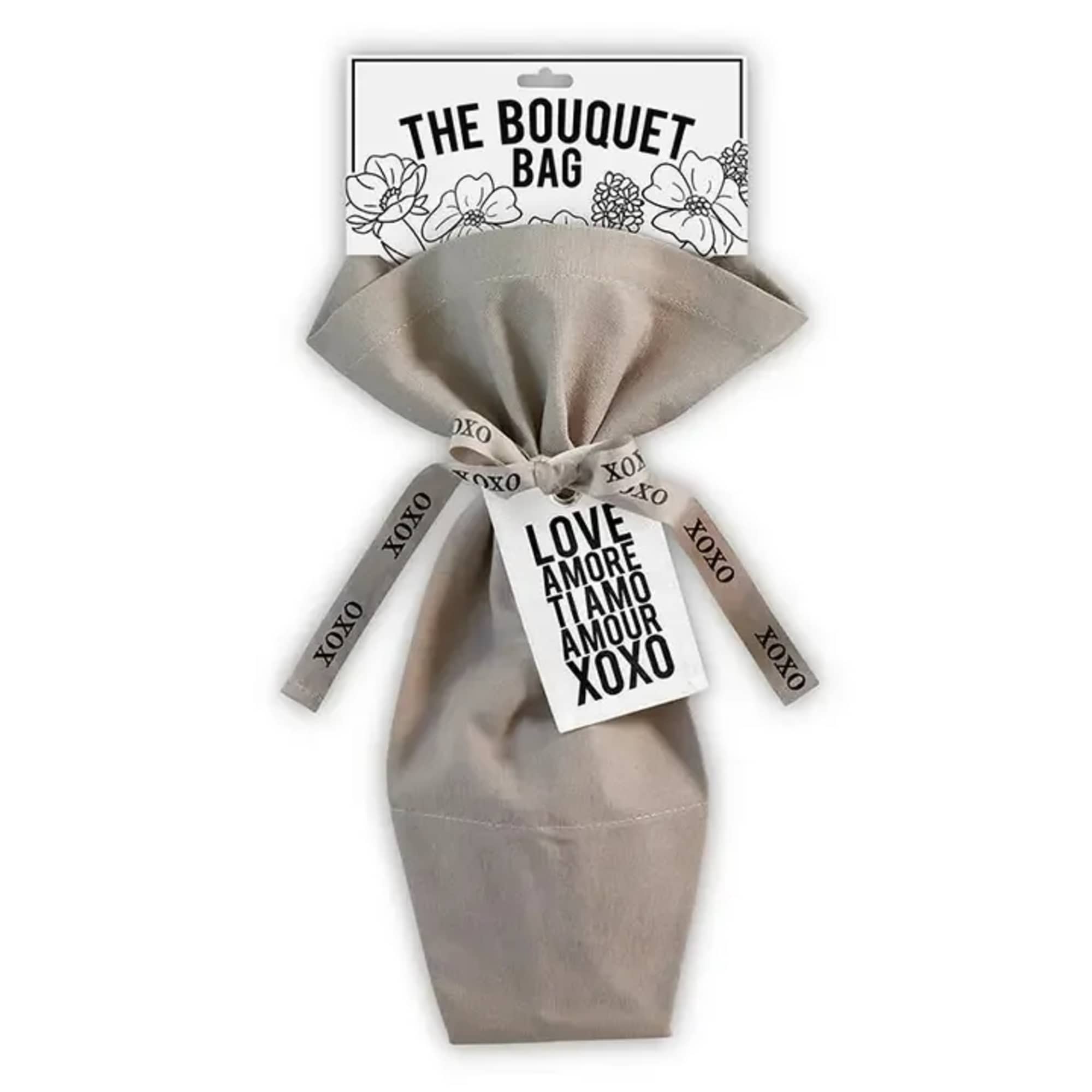 Beige fabric bouquet bag with LOVE tag and XOXO ribbons on a labeled backing card
