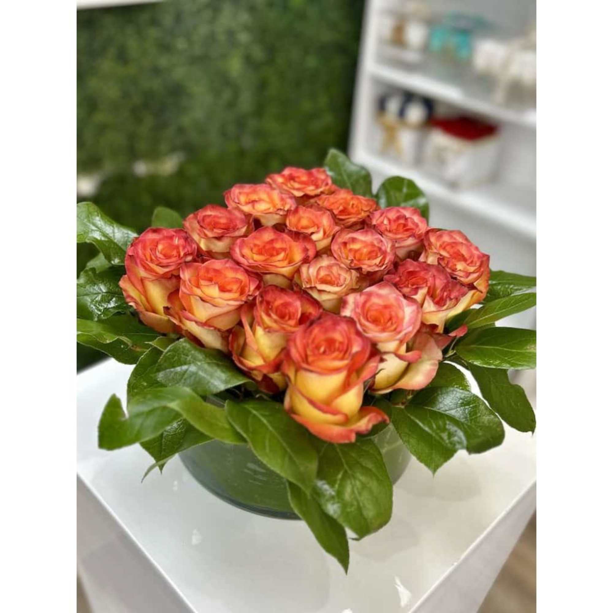 Low arrangement of orange and yellow roses in a round vase, encircled by large glossy green leaves.