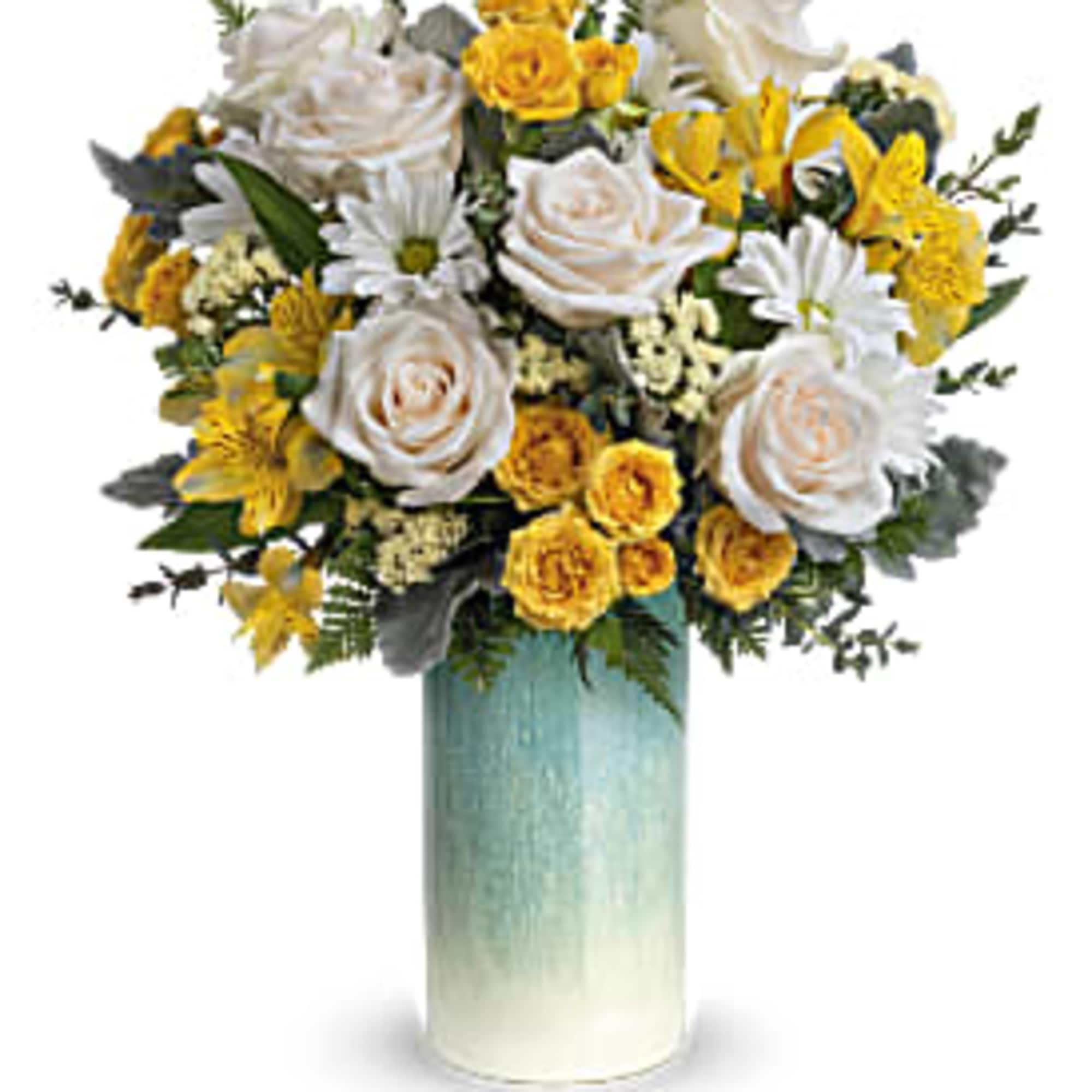 Yellow and white flower arrangement with roses and daisies in a tall blue and white ceramic vase