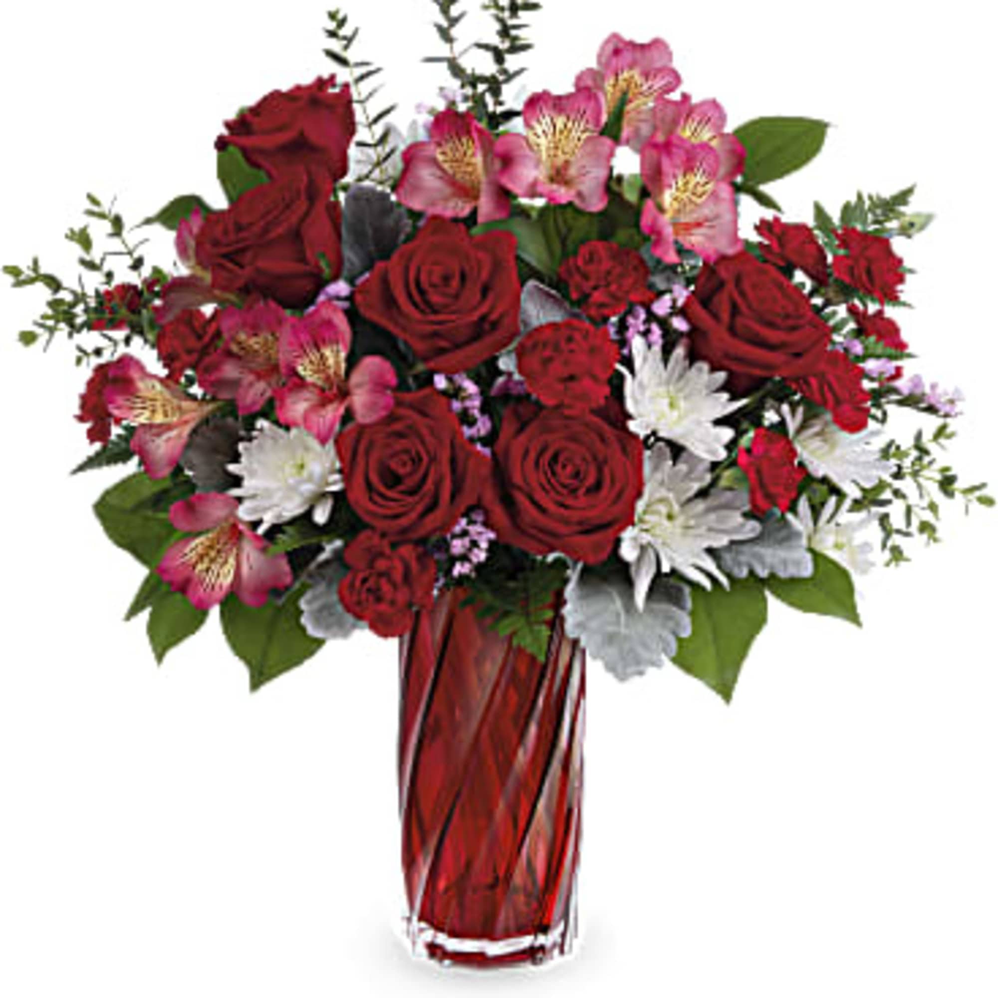 Tall red vase arrangement with red roses, pink alstroemeria, red carnations, and white mums.