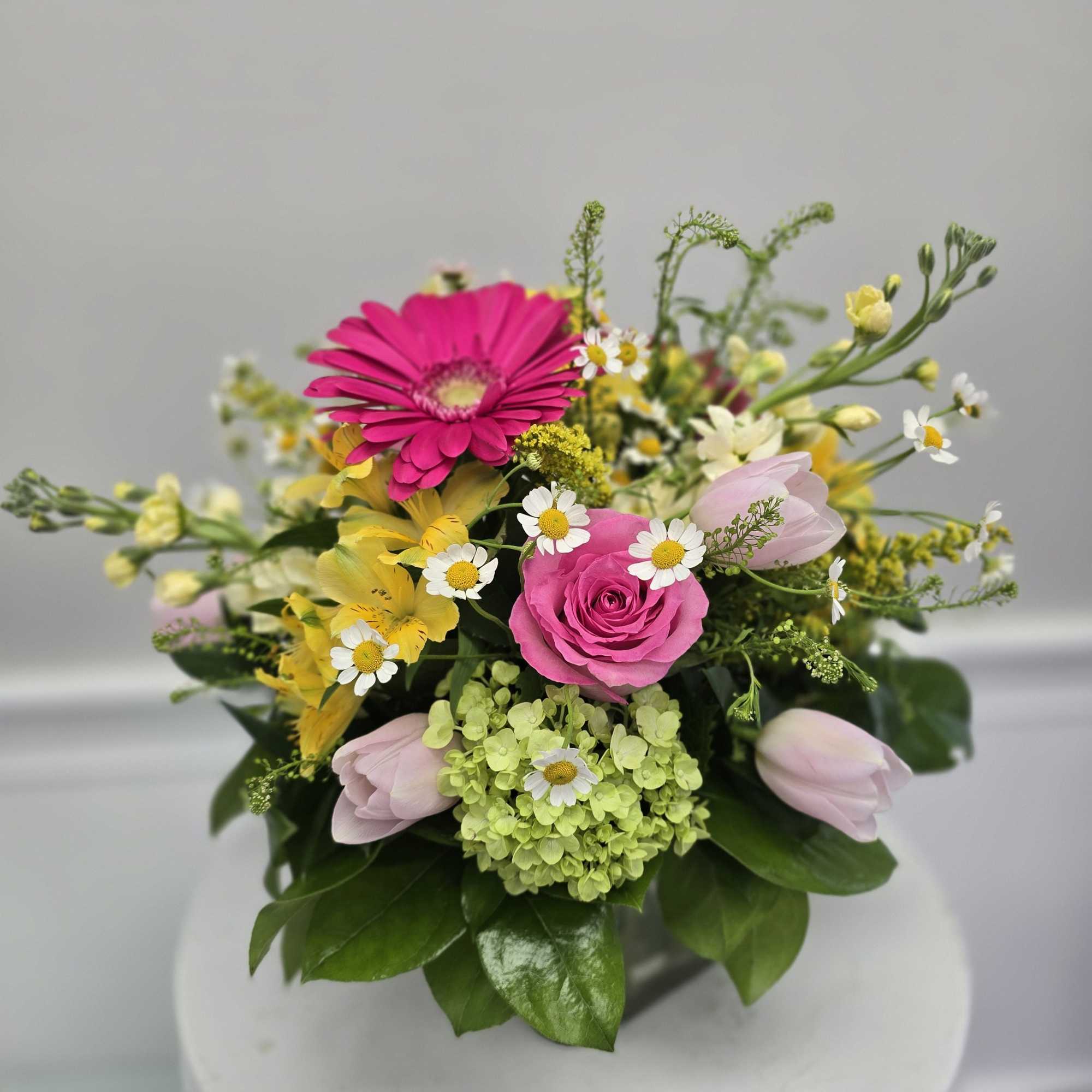 Bright mixed bouquet with pink gerbera, pink rose, tulips, daisies and green hydrangea in a low vase