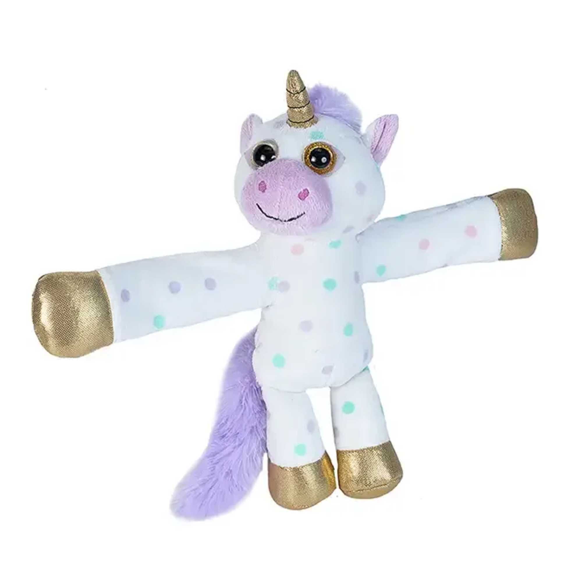 White polka-dot unicorn plush toy with gold hooves and horn