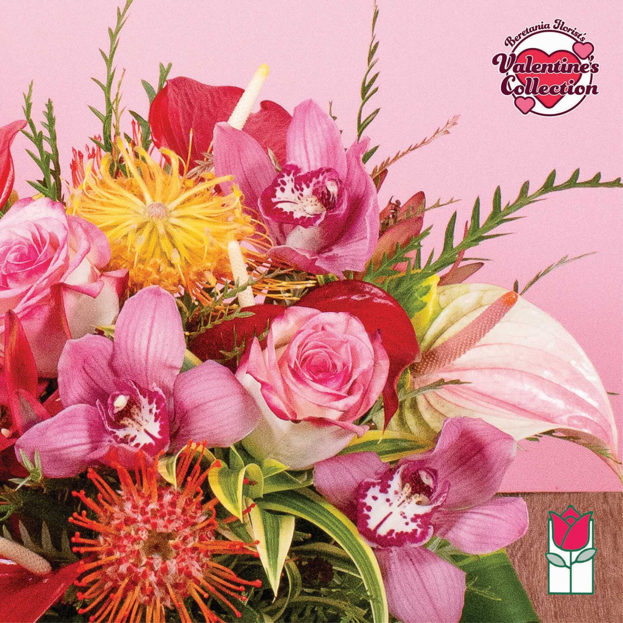 Bright bouquet with pink roses, orchids, anthuriums and pincushion protea against a pink background