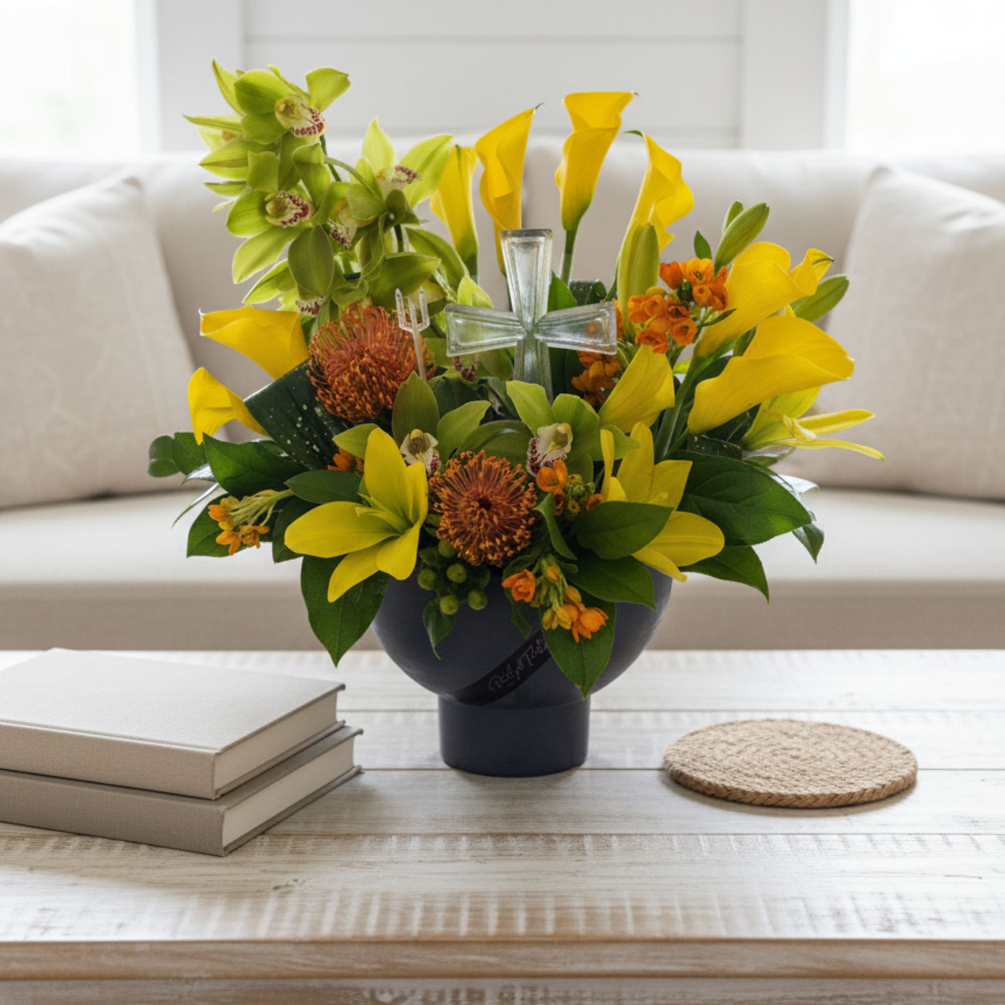 Yellow bouquet with keepsake cross insert. 