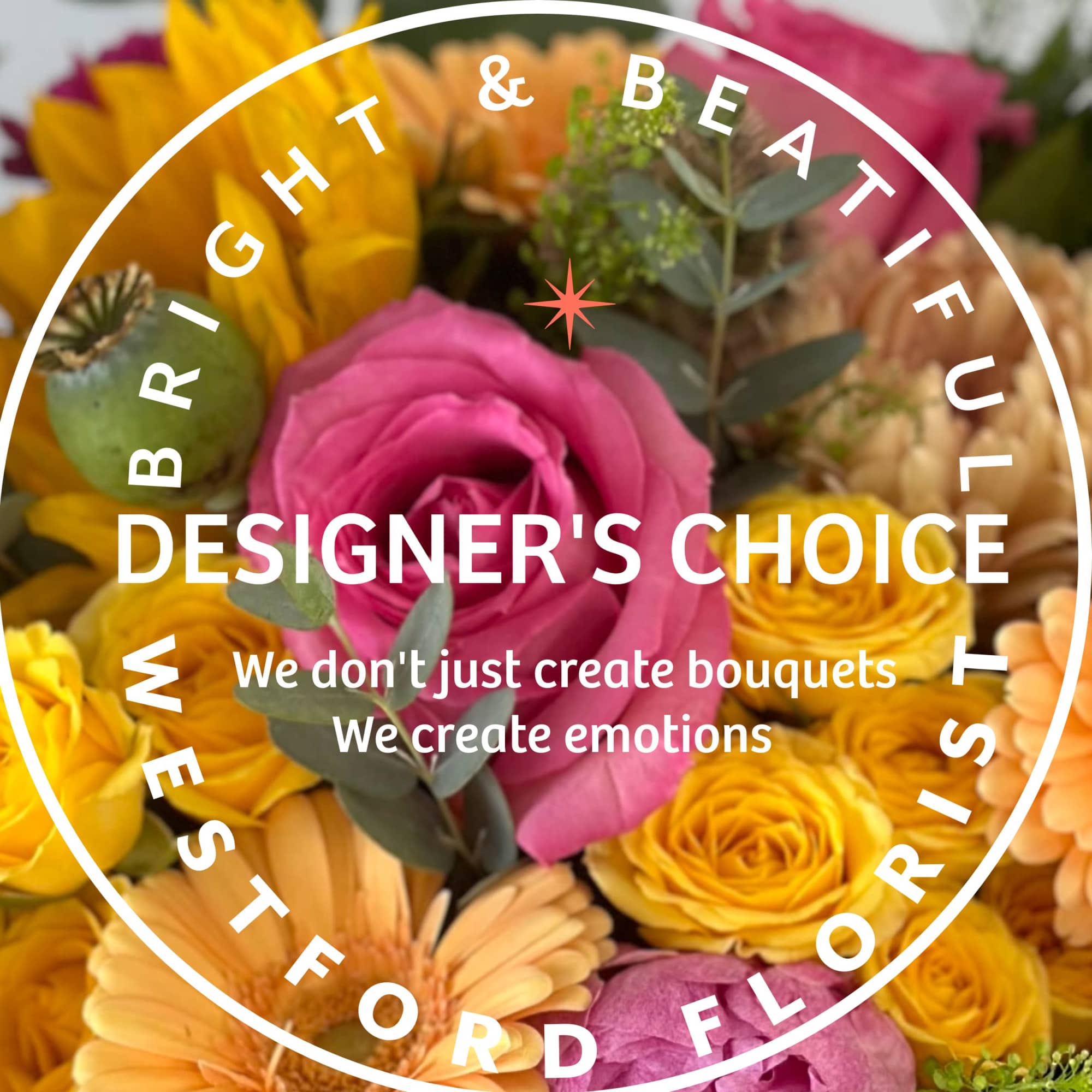 Colorful mixed bouquet with pink rose, yellow blooms and gerbera daisies with circular Designer's Choice text overlay.