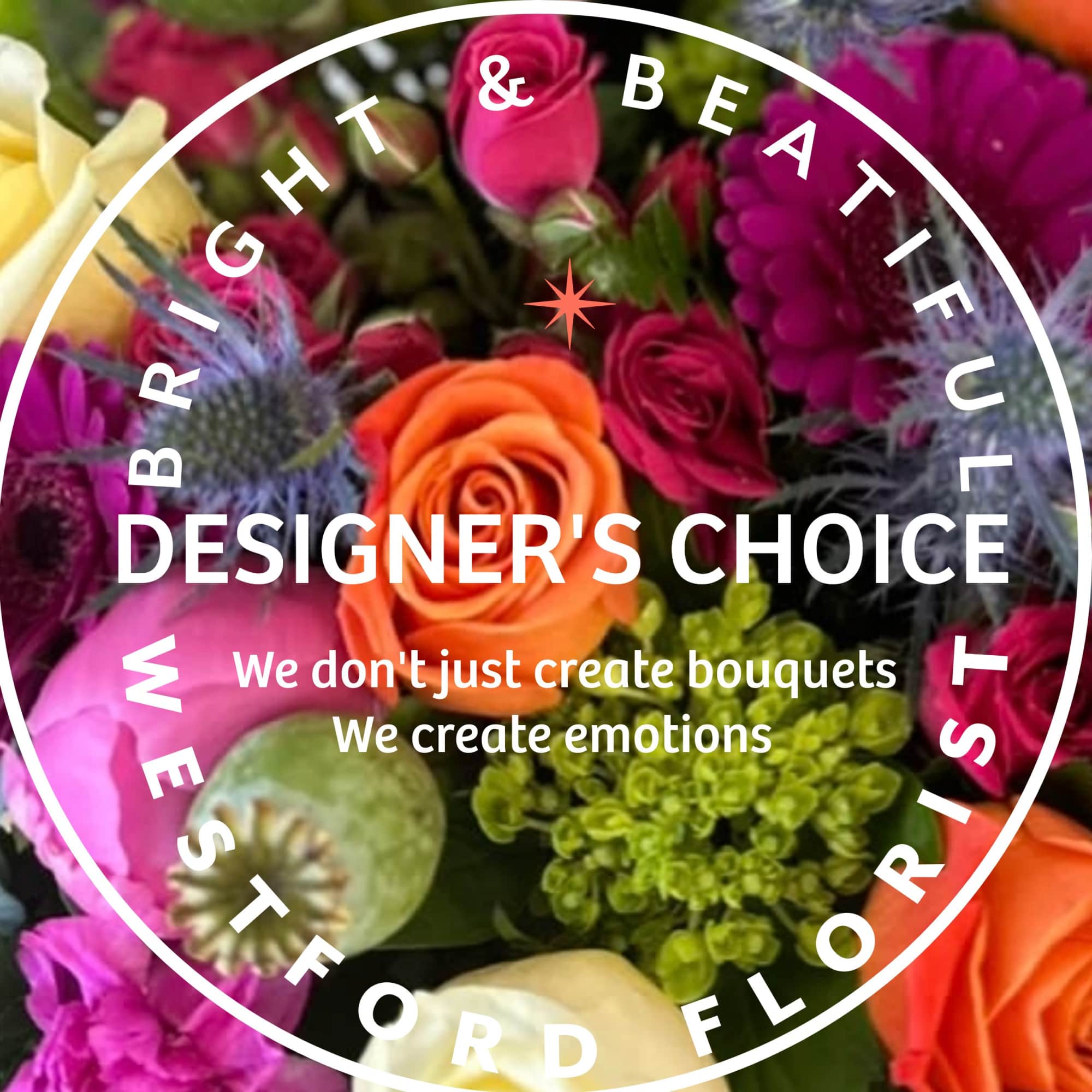 Colorful mixed bouquet with orange roses, pink blooms, purple accents, and bright green flowers.