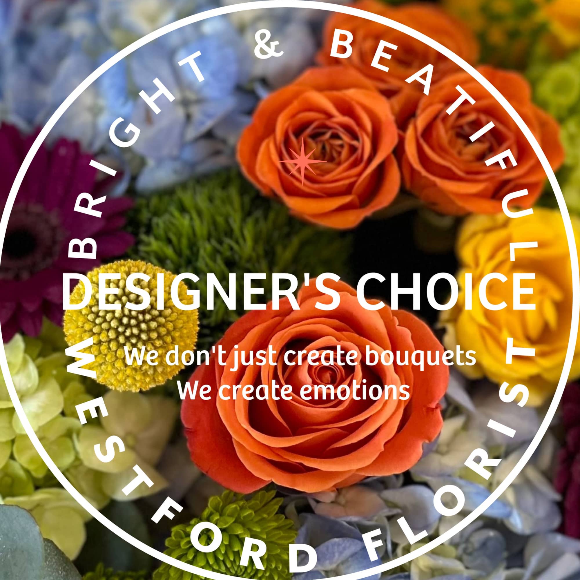 Close-up of bright orange roses, yellow pompom blooms and blue hydrangeas with overlaid text.