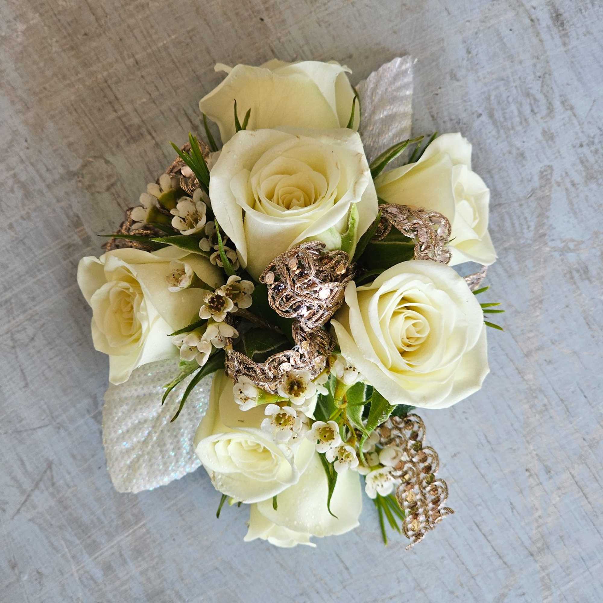 white spray rose wrist corsage