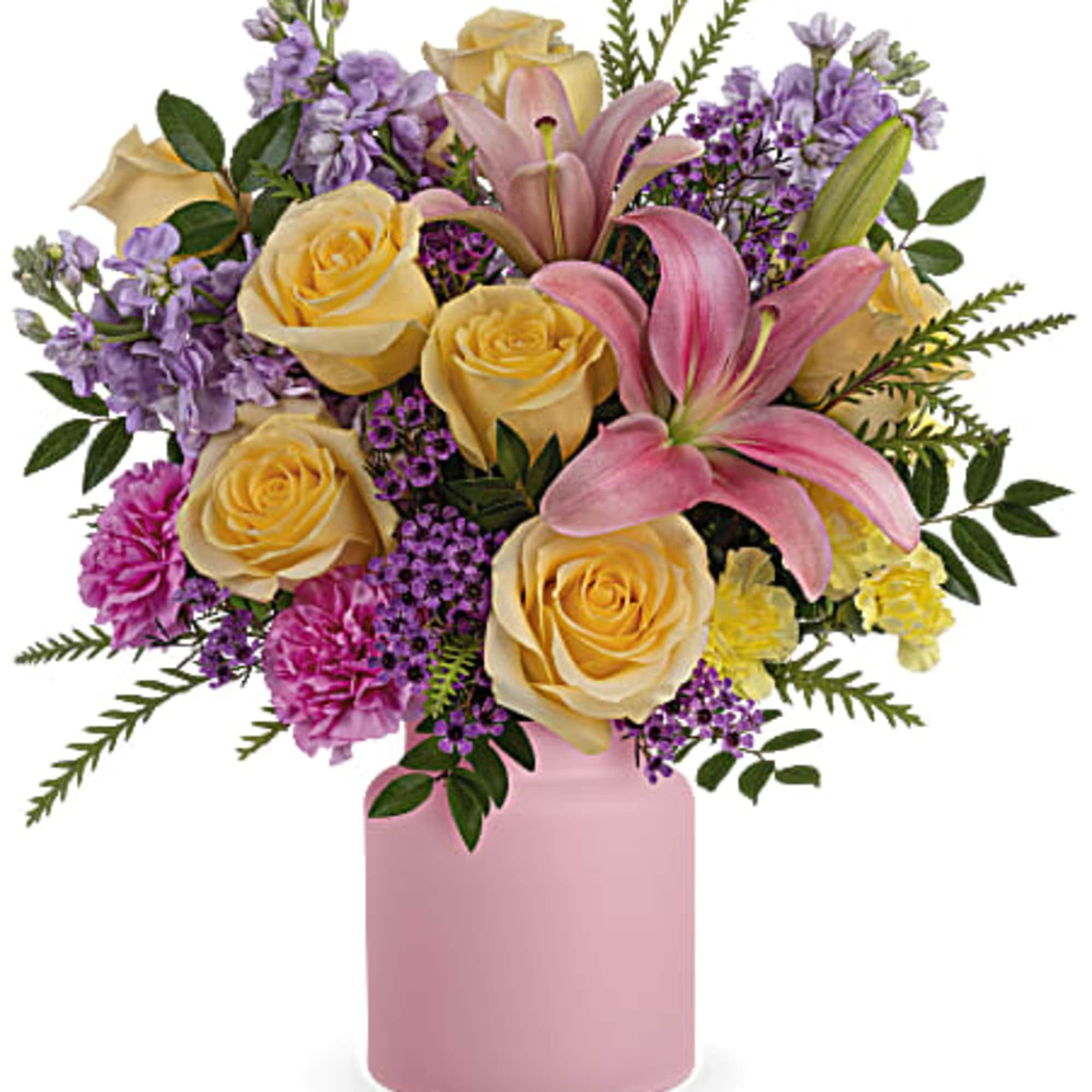 Pink lilies and yellow roses in a pink vase