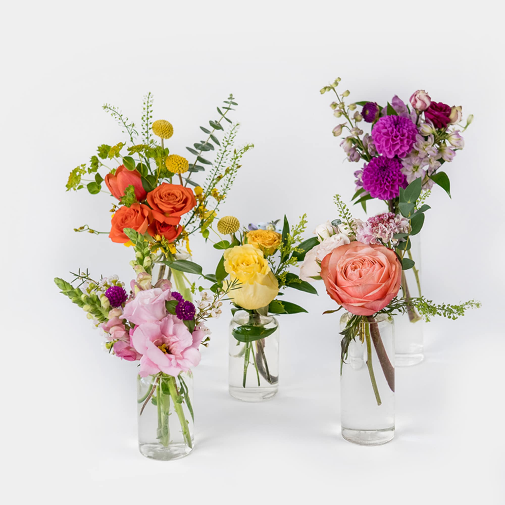 Set of five small mixed flower bud vases with bright roses and seasonal blooms on a white background