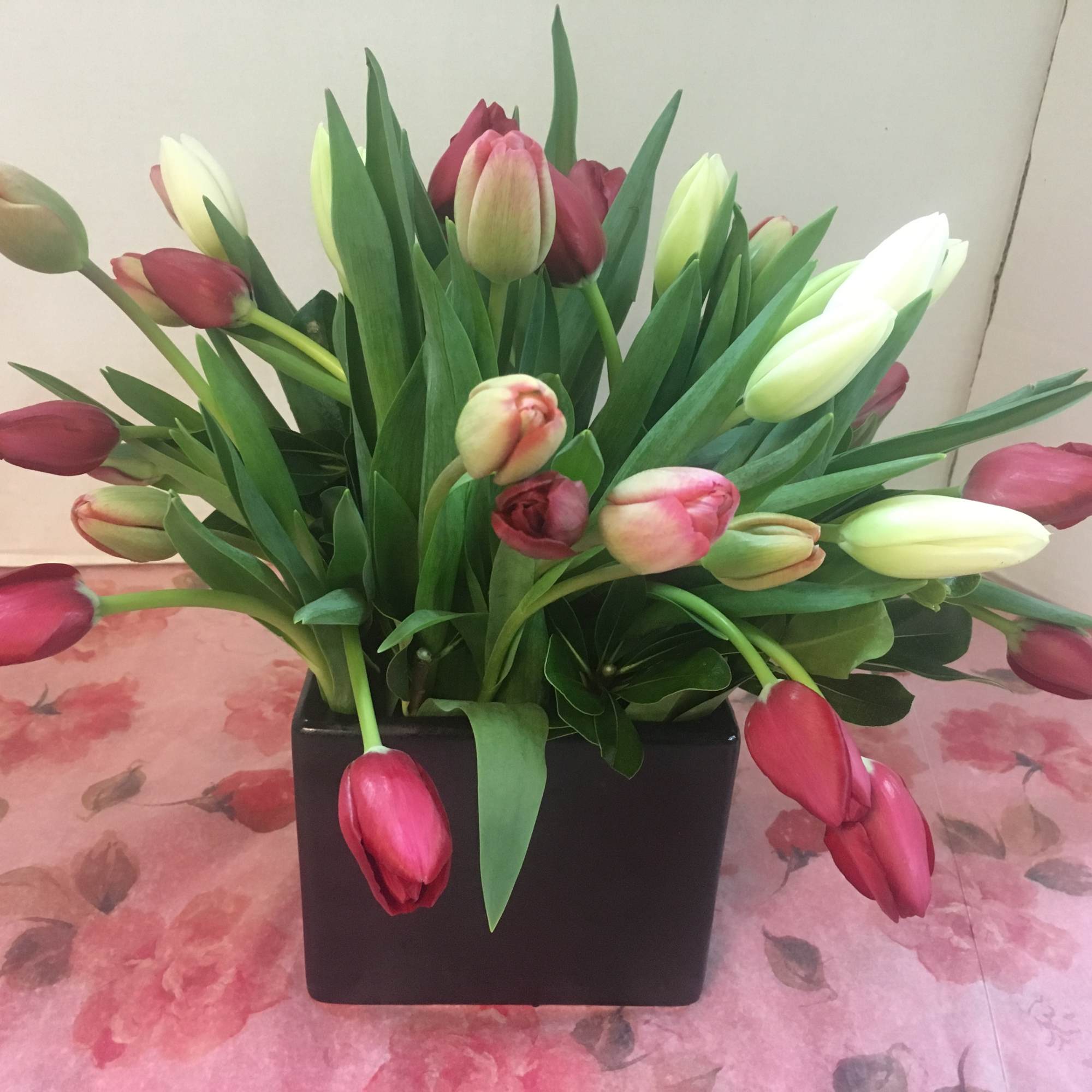 Assorted Tulips designed with assorted Fancy  Greens.
