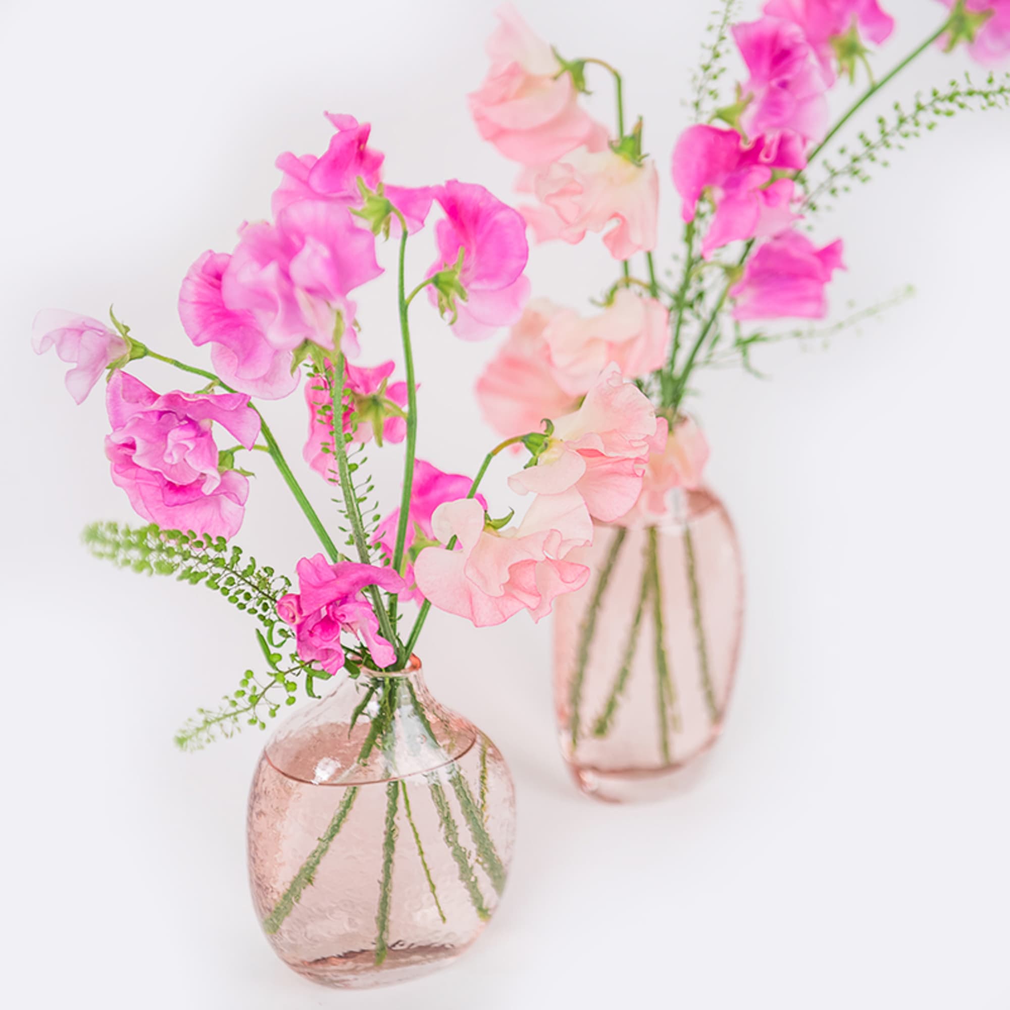 Two small pink glass bud vases with pink and peach sweet pea stems on a white background