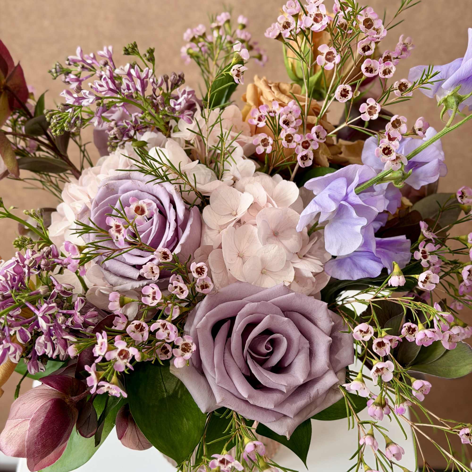 Thoughtfully curated color palette for a lush, springy arrangement in pink, lavender