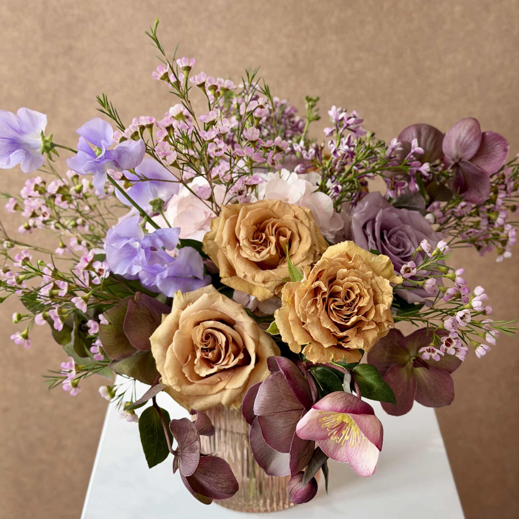 Thoughtfully curated color palette for a lush, springy arrangement in pink, lavender