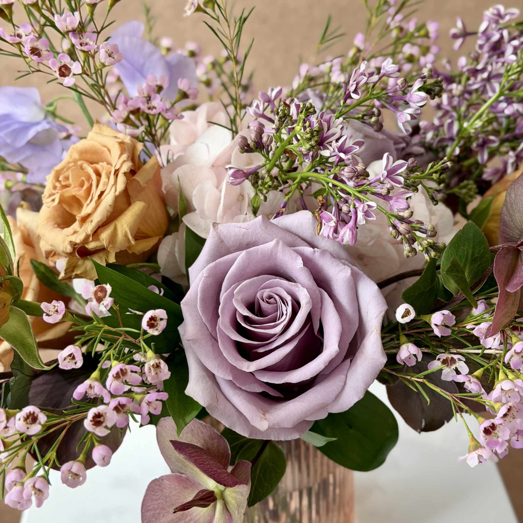 Thoughtfully curated color palette for a lush, springy arrangement in pink, lavender