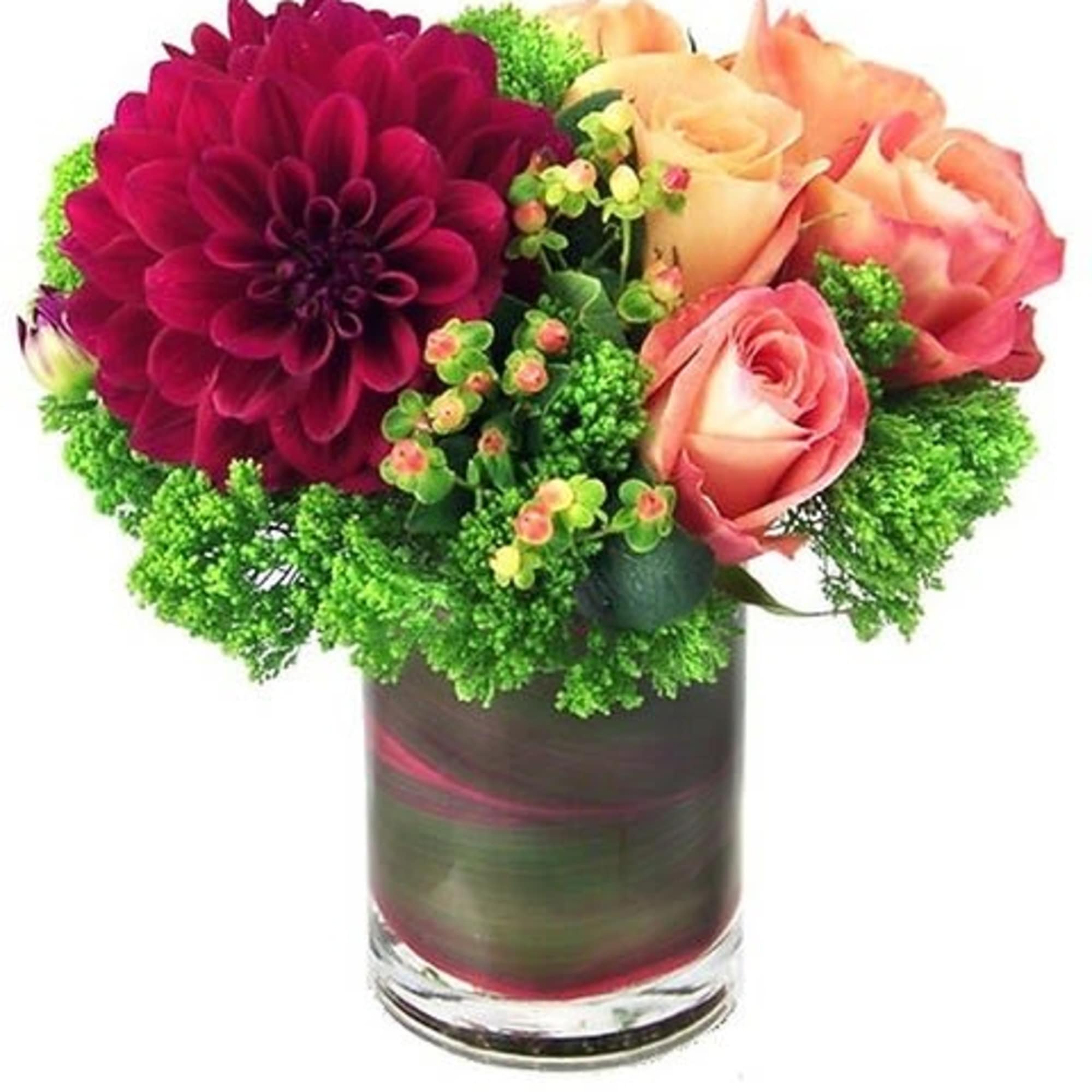 A palette of classic peaches, greens, and berries are artistically arranged in