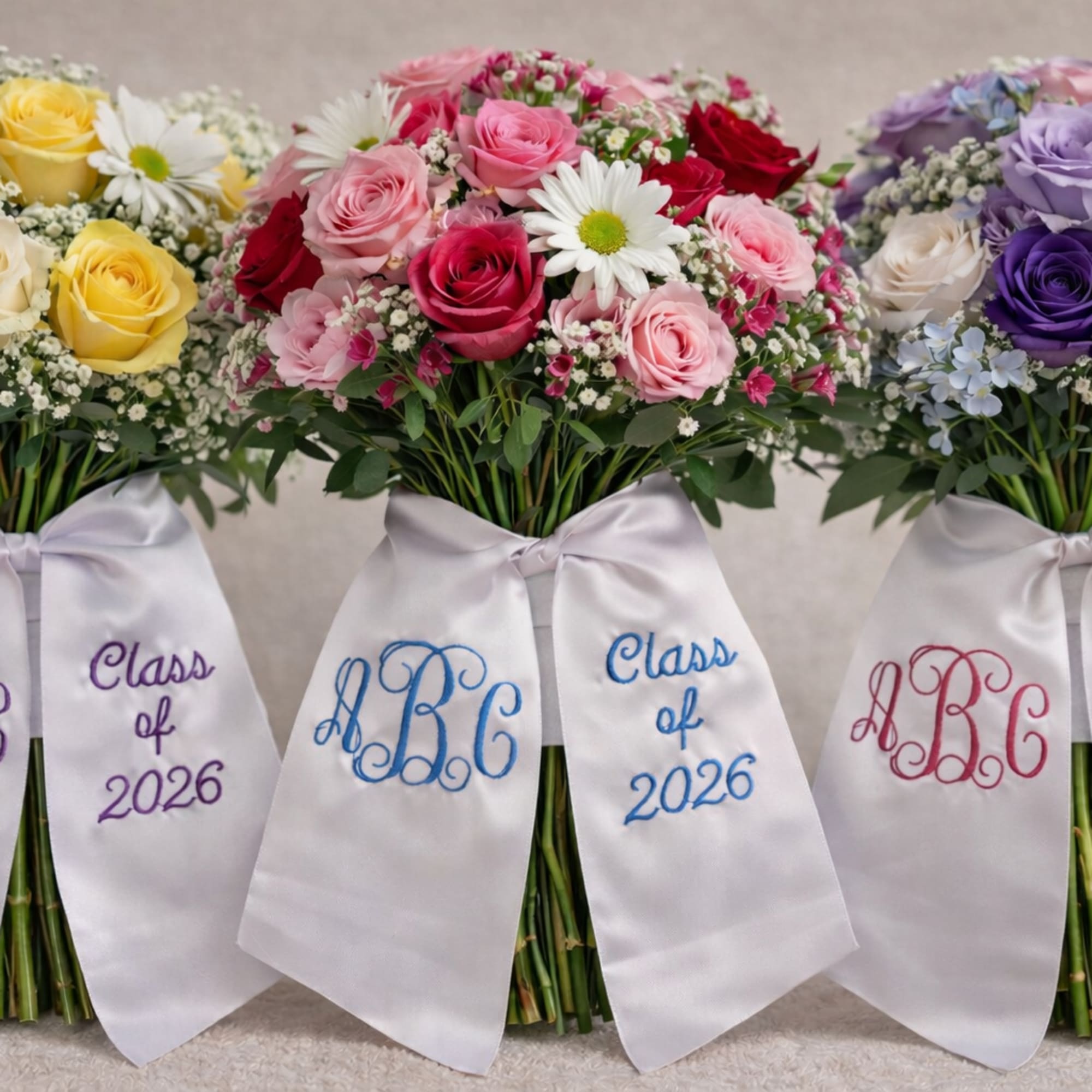 Three mixed rose and daisy hand-tied bouquets with embroidered “Class of 2026” white ribbon wraps