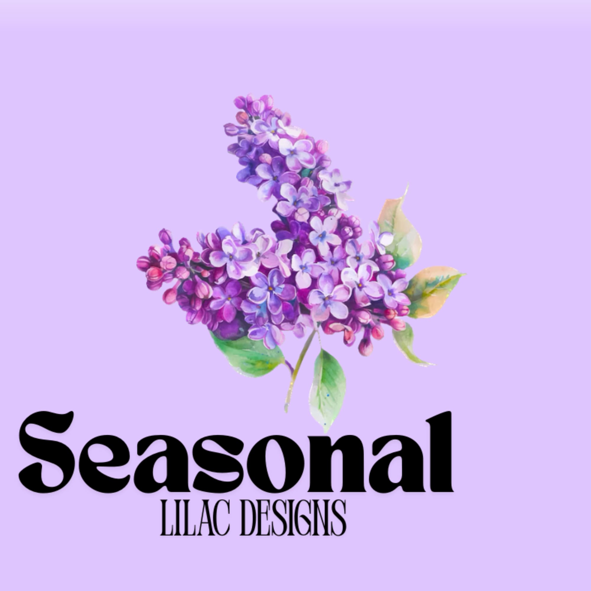 Lilac flower cluster on a lavender background with the text Seasonal Lilac Designs