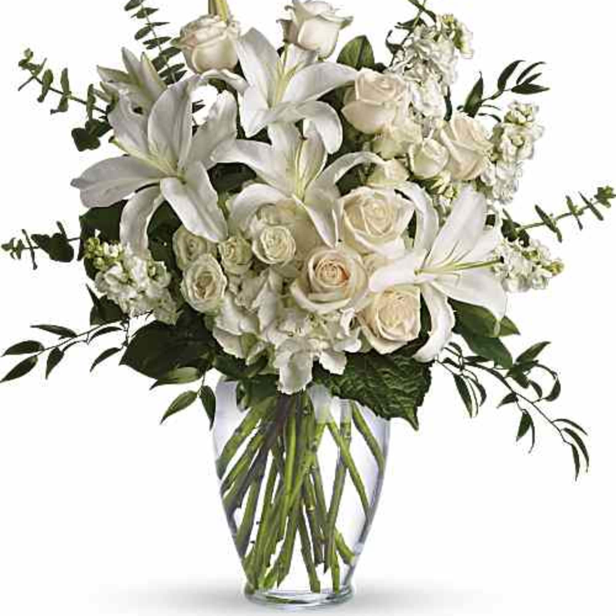 A dreamy bouquet of white sympathy flowers is a comforting reminder of