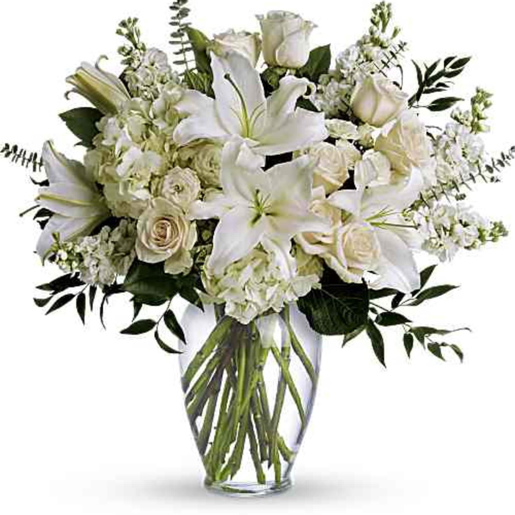 A dreamy bouquet of white sympathy flowers is a comforting reminder of