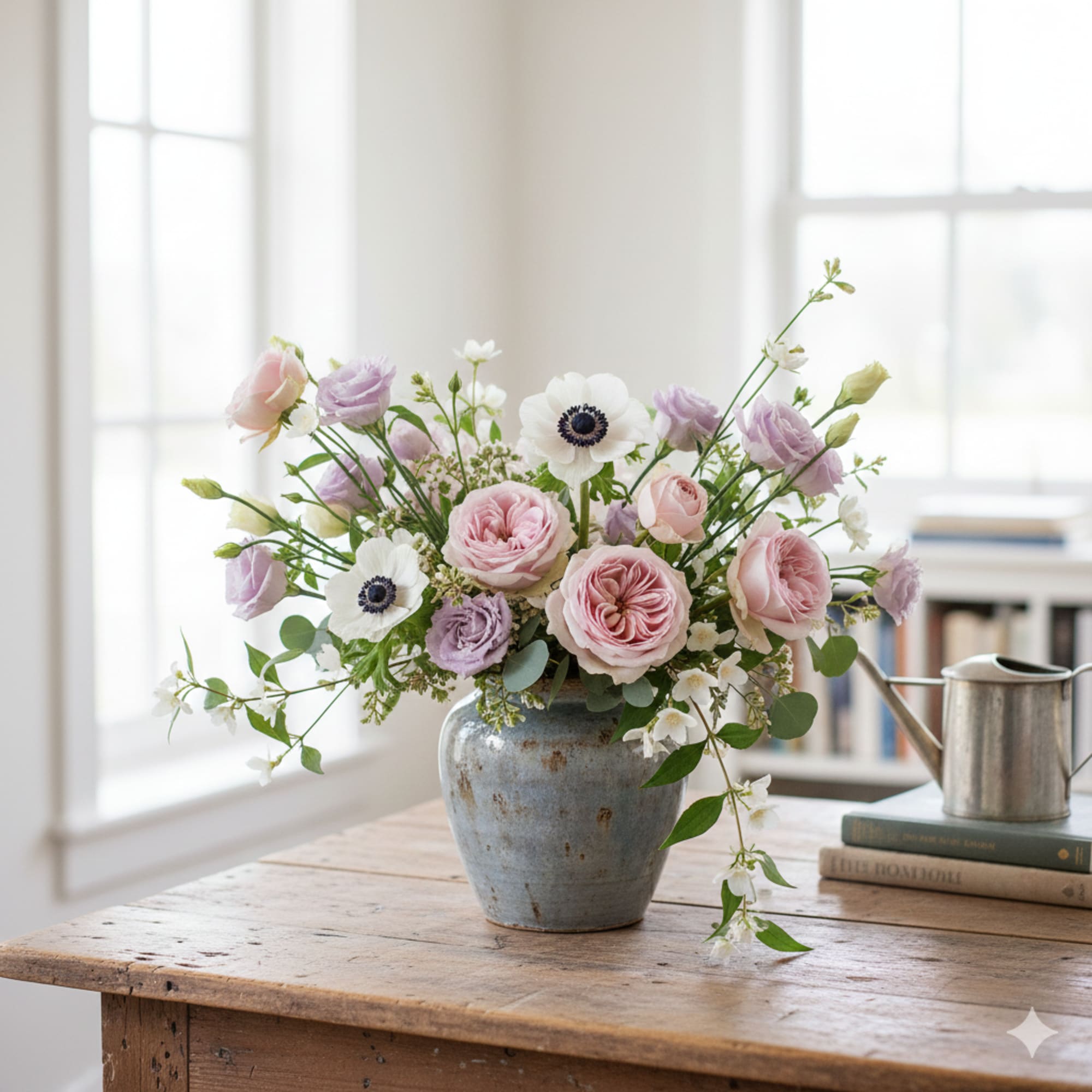 Pink and lavender flowers arranged in a ceramic vase