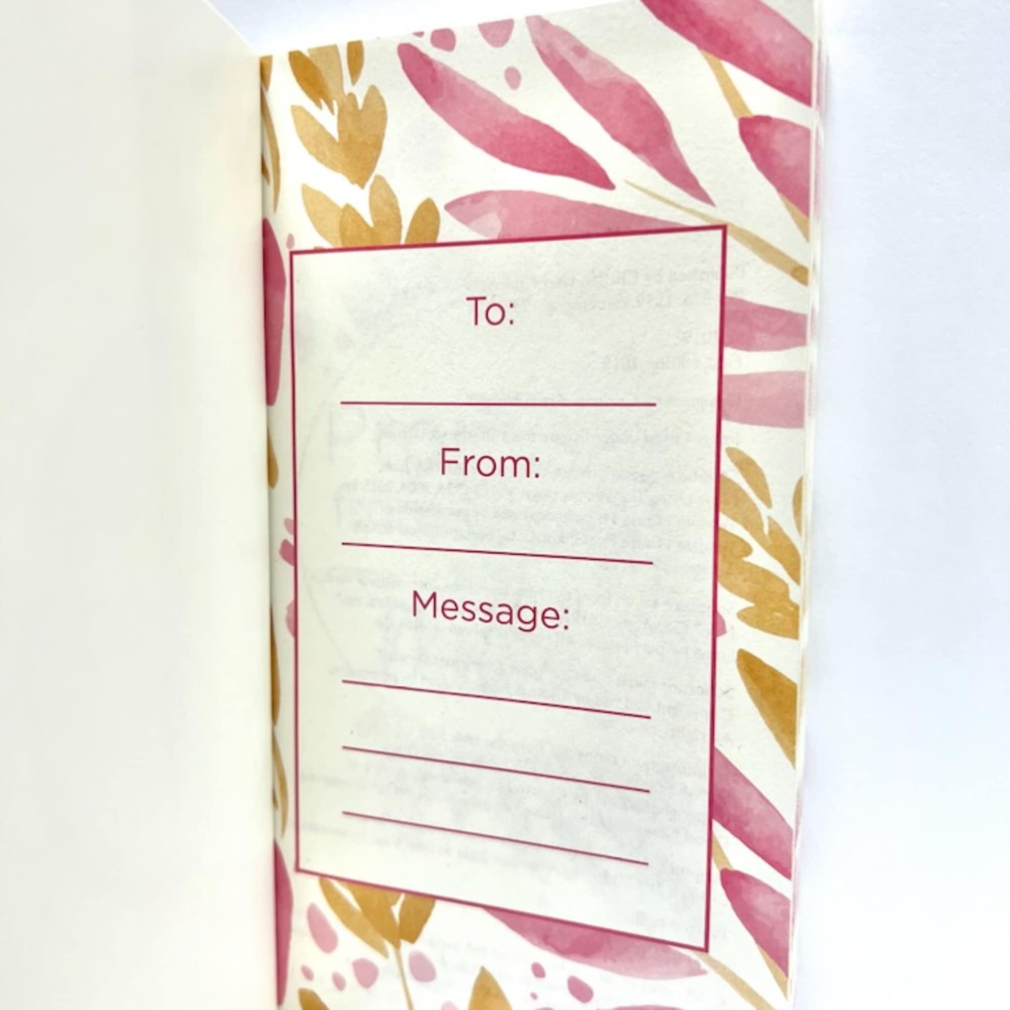 Blank gift card insert with pink and gold leaf pattern