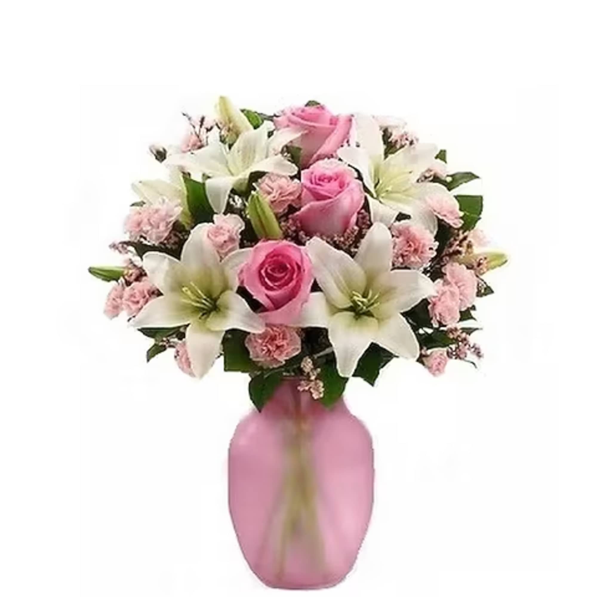 Pink roses and white lilies arranged in a pink vase