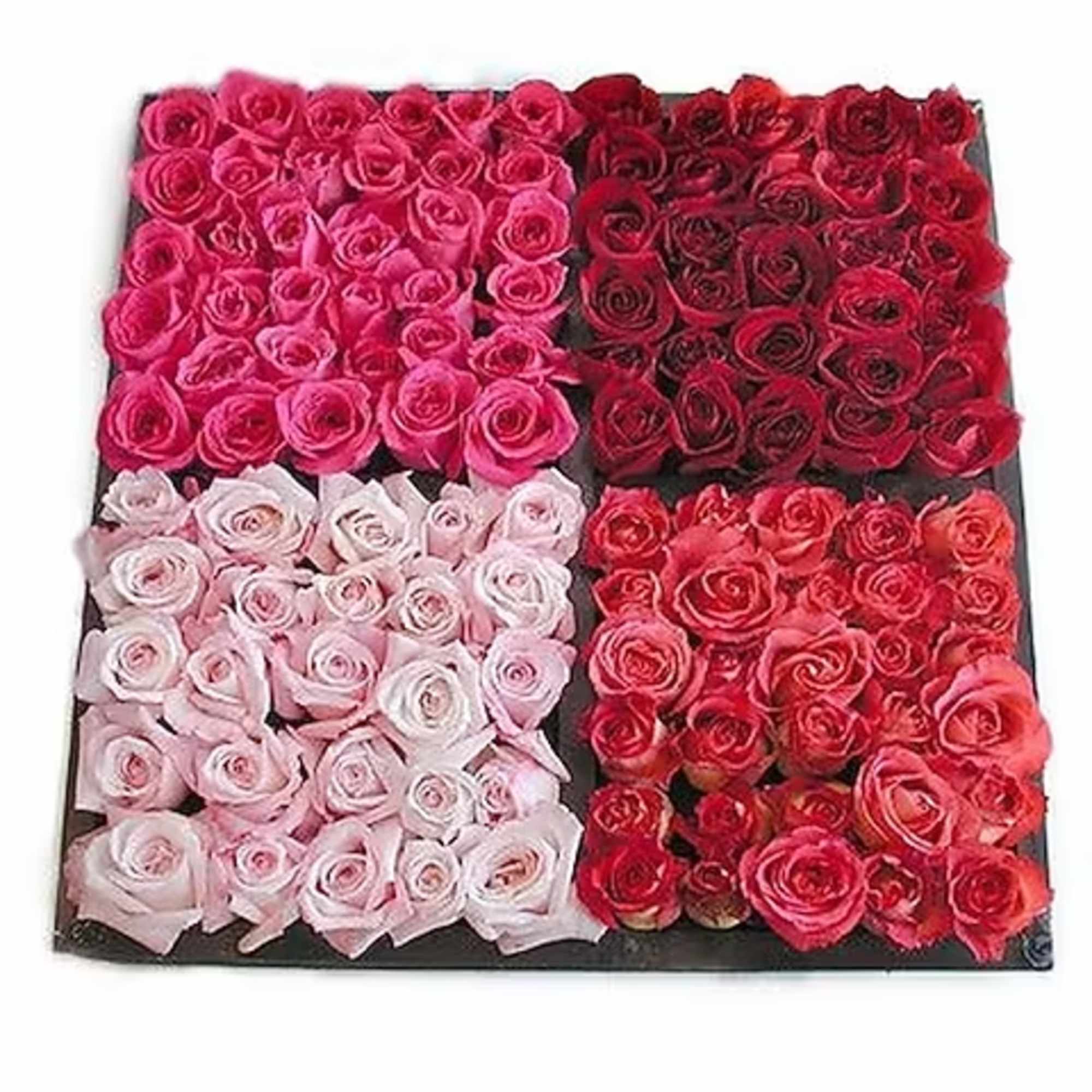 Square arrangement of roses in pink, red, and pale blush tones