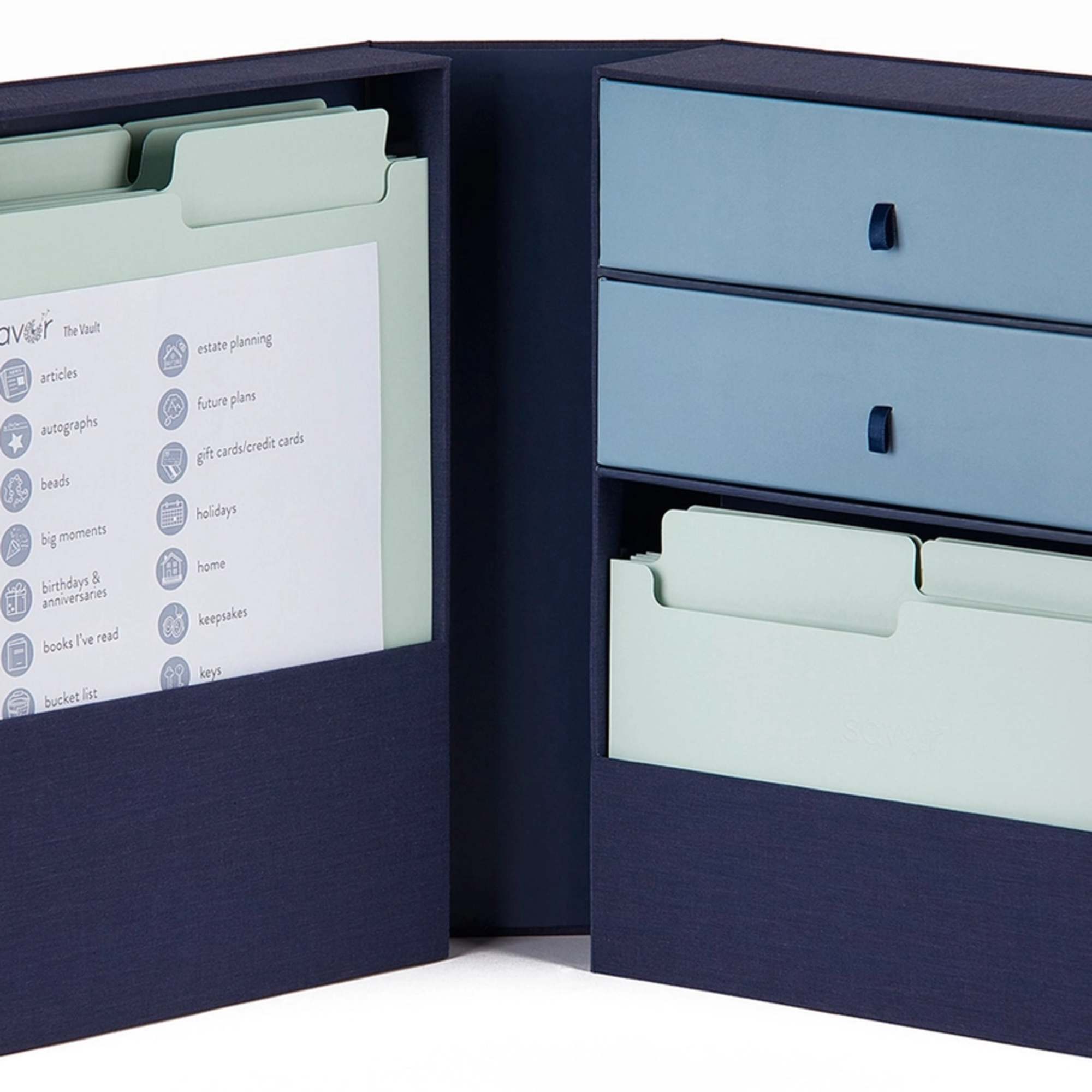 Blue storage box with folders and drawers
