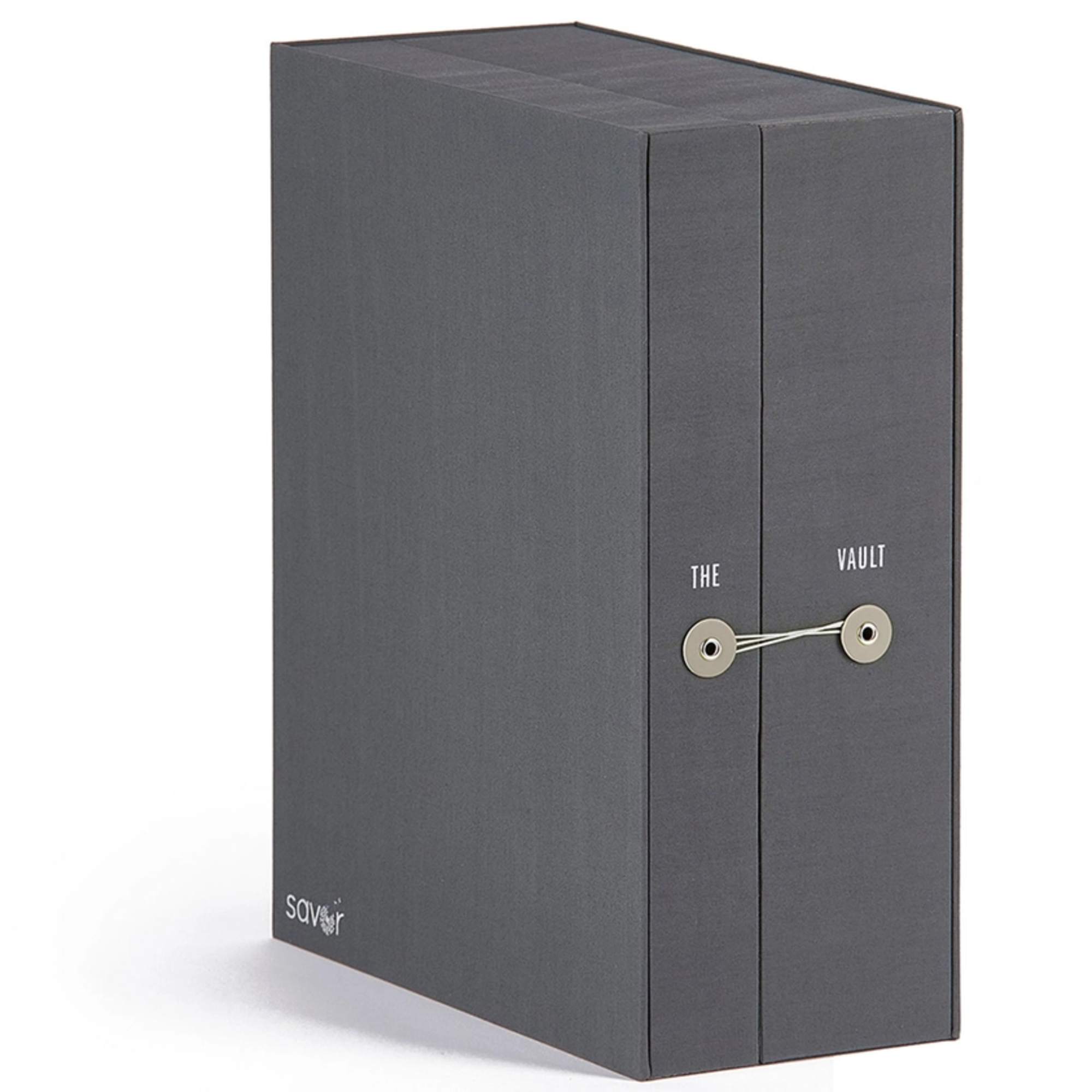 Dark gray storage box with a clasp closure on a white background