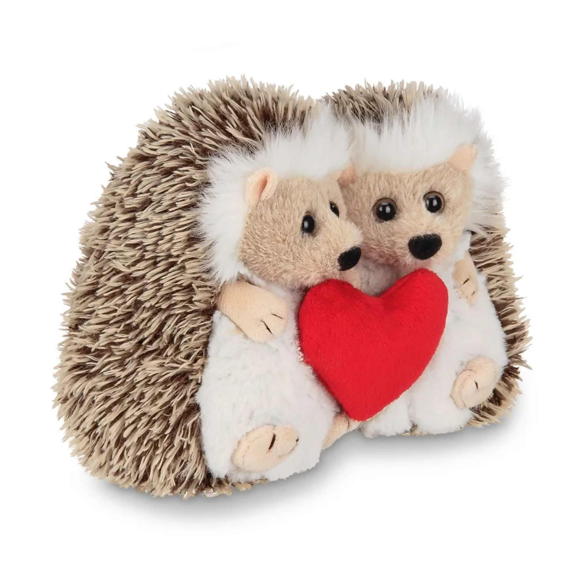 Pair of plush hedgehogs cuddling while holding a red heart