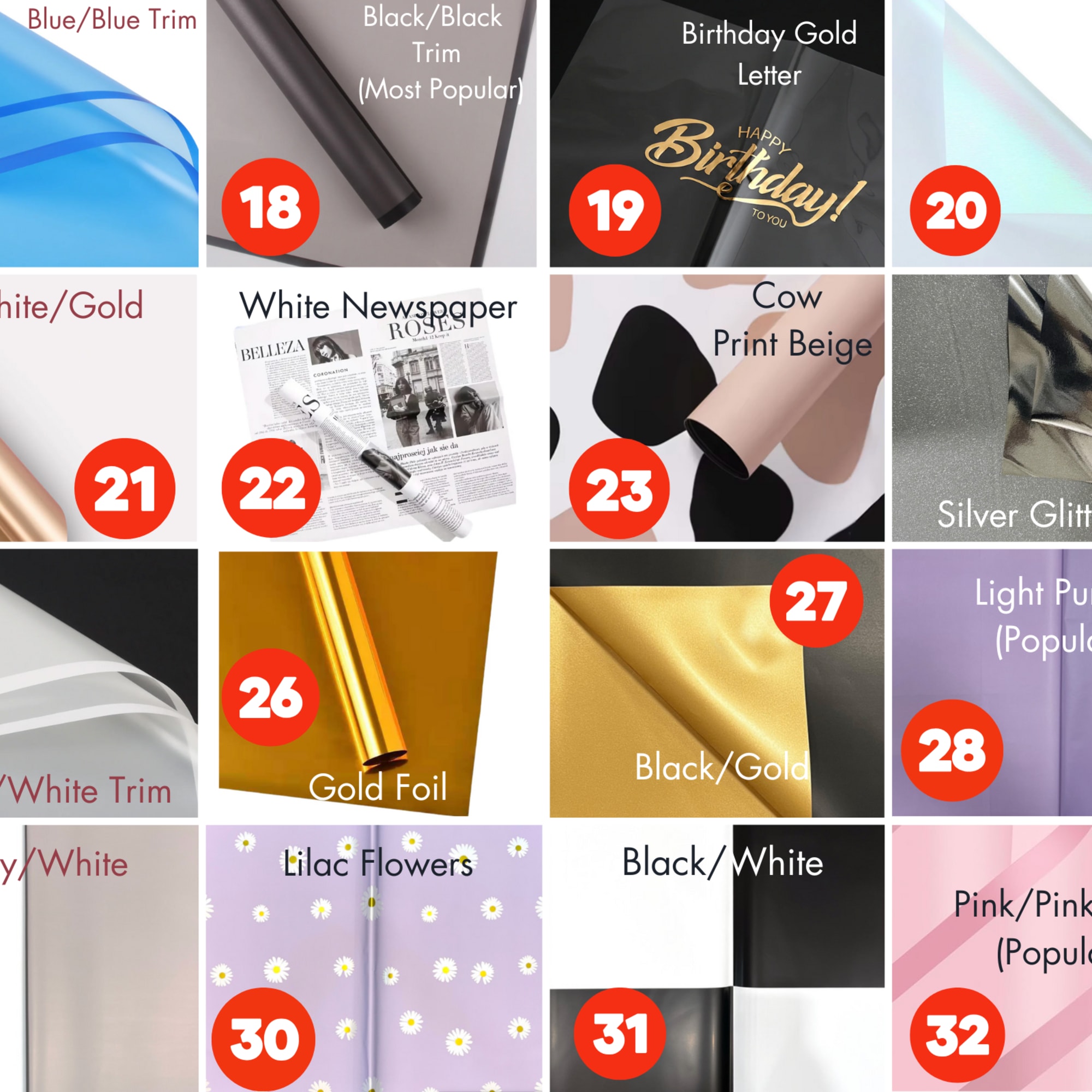Grid of assorted solid, metallic, patterned and birthday message wrapping papers with numbered labels.