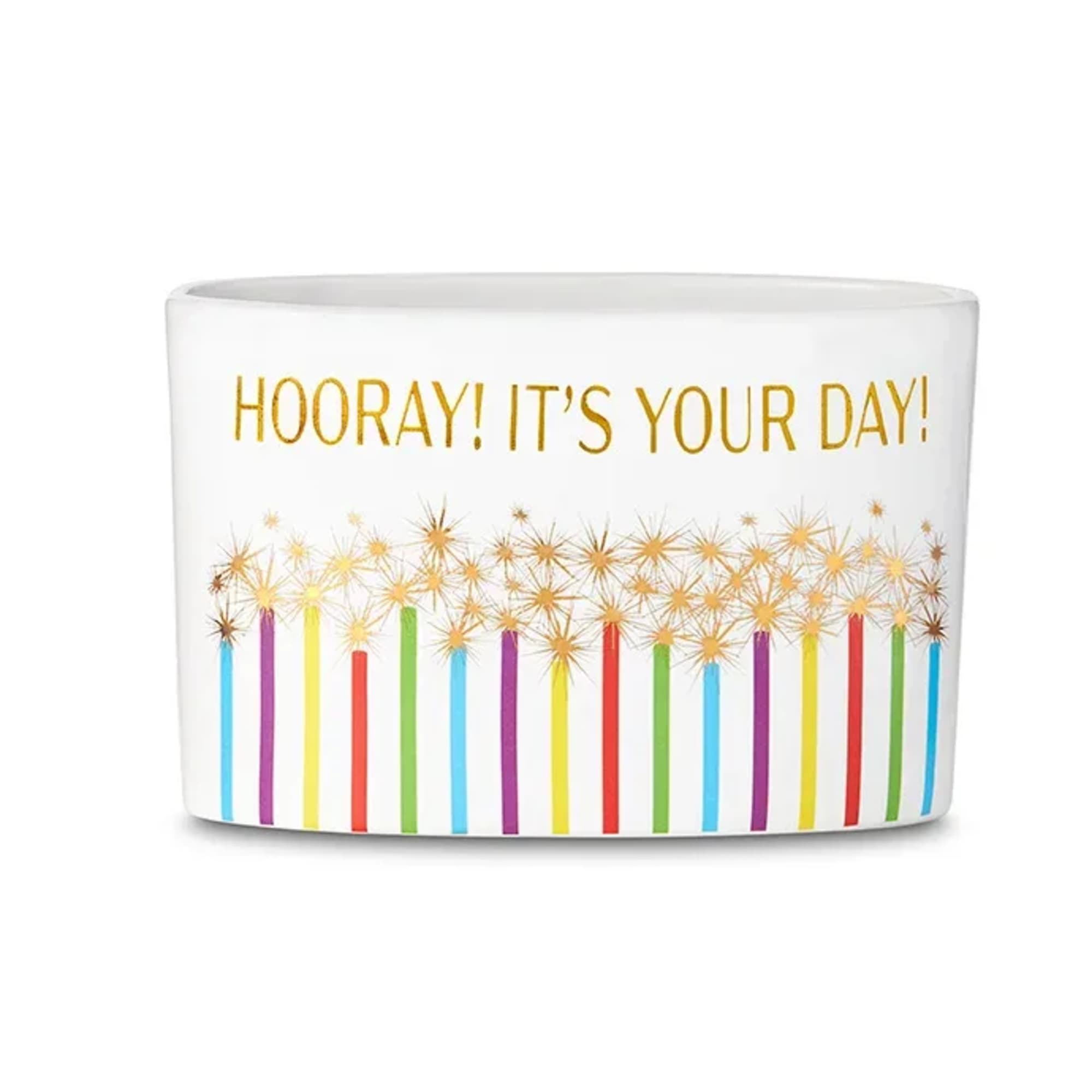 White ceramic container with gold “Hooray! It’s Your Day!” text and colorful candle and sparkler design.