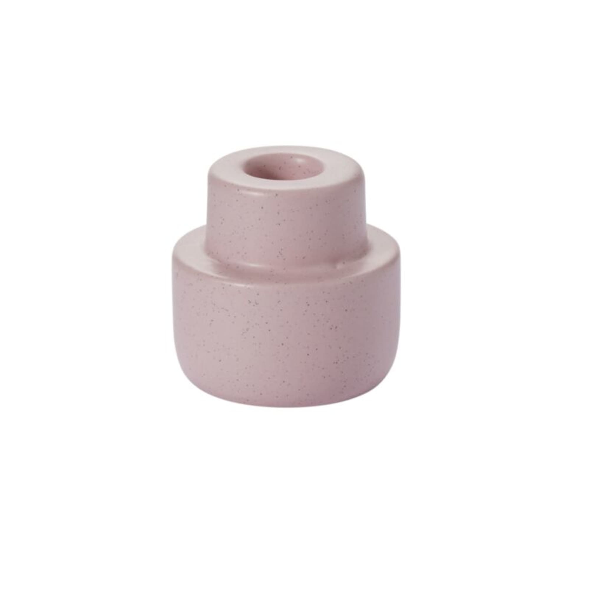 Small pink speckled ceramic bud vase with a stepped cylindrical shape
